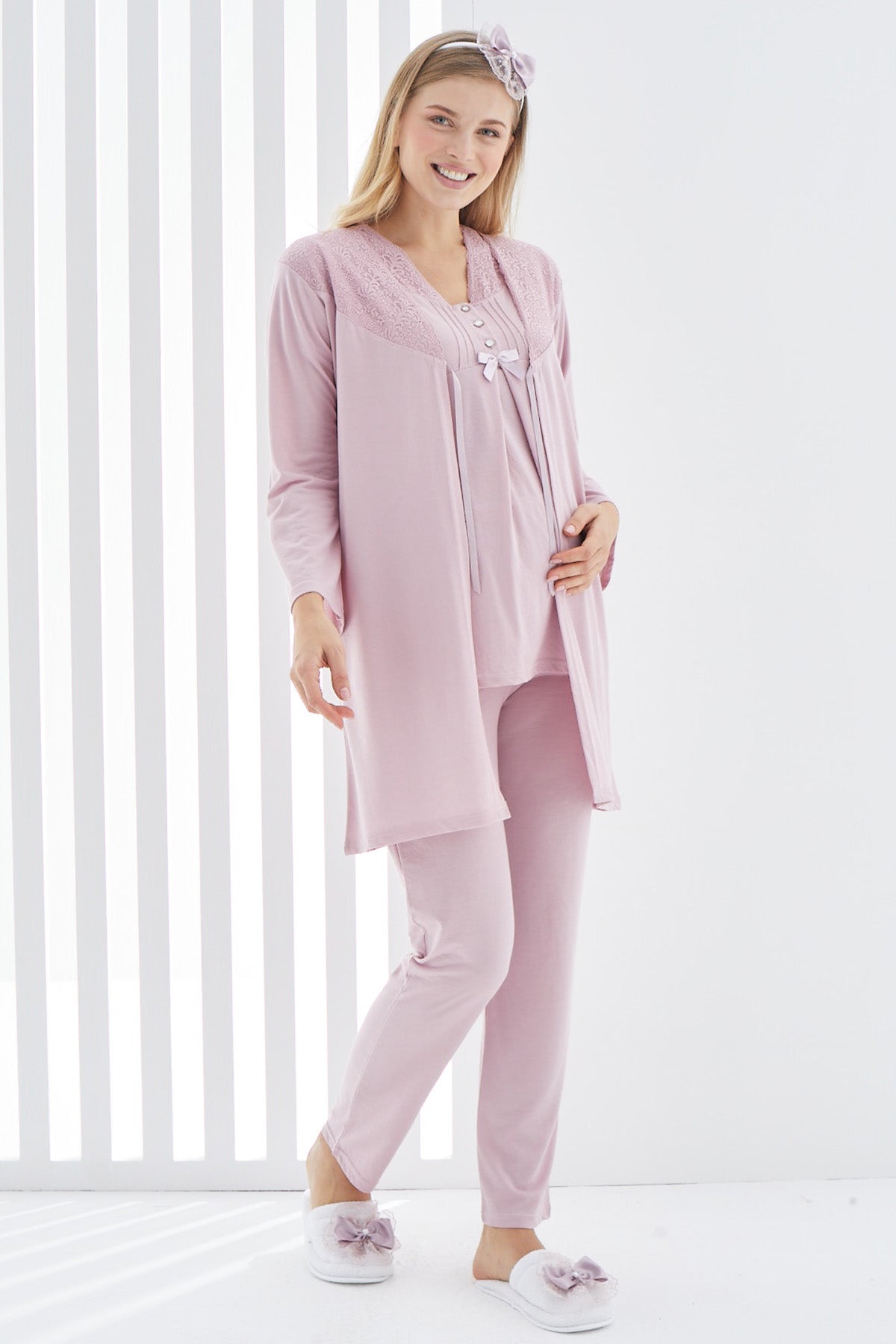 Shopymommy 3402 Lace 3-Pieces Maternity & Nursing Pajamas With Guipure Robe Dried Rose