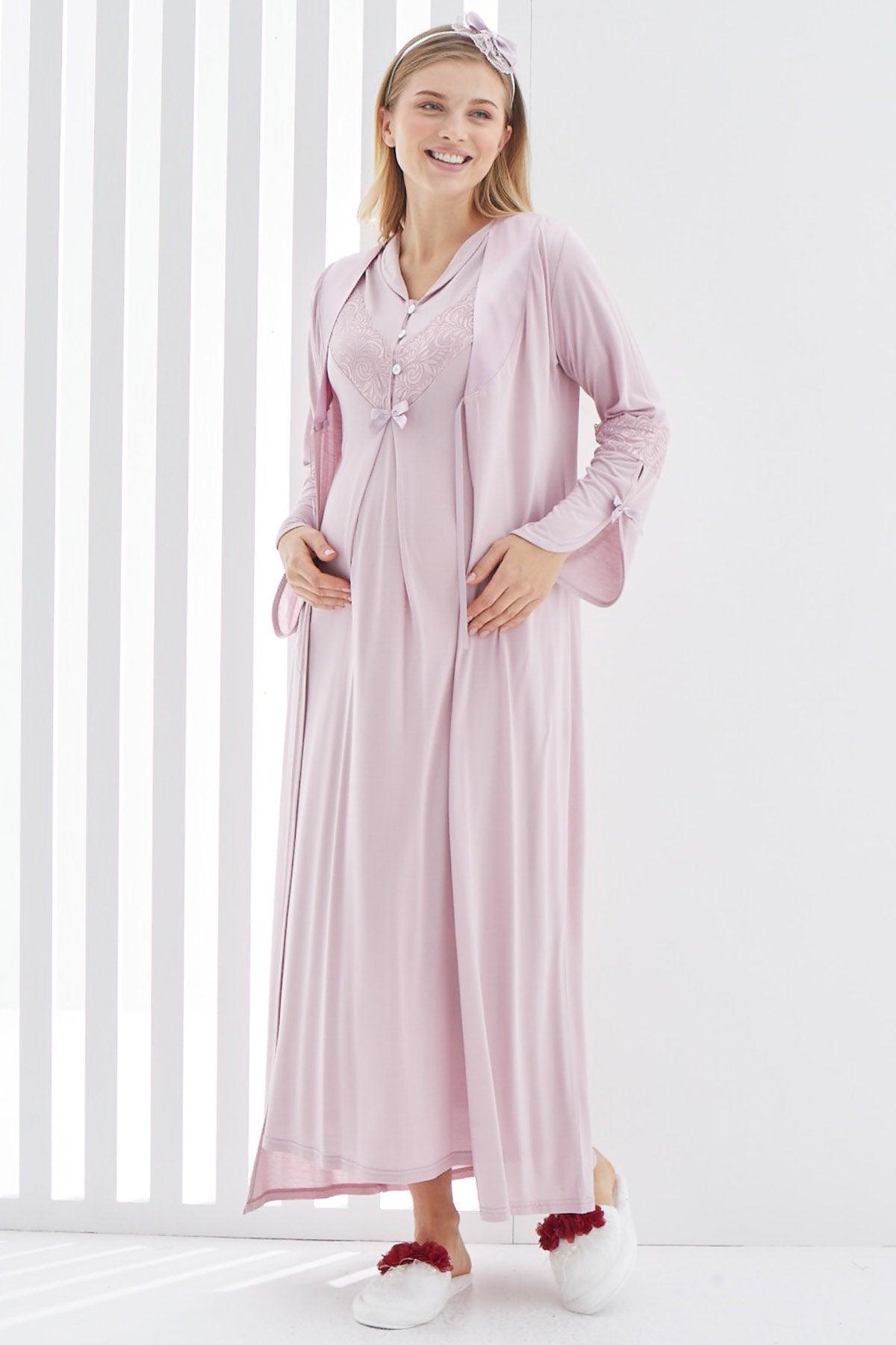 Shopymommy 2268 Guipure V-Neck Maternity & Nursing Nightgown With Robe Dried Rose