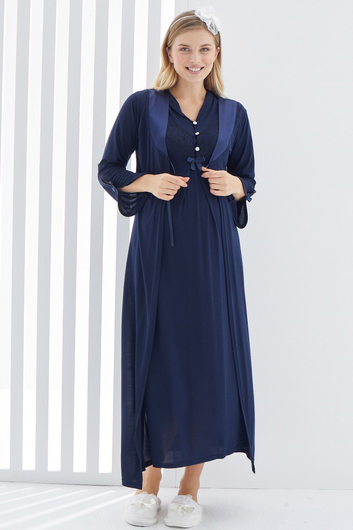 Shopymommy 2268 Guipure V-Neck Maternity & Nursing Nightgown With Robe Navy Blue