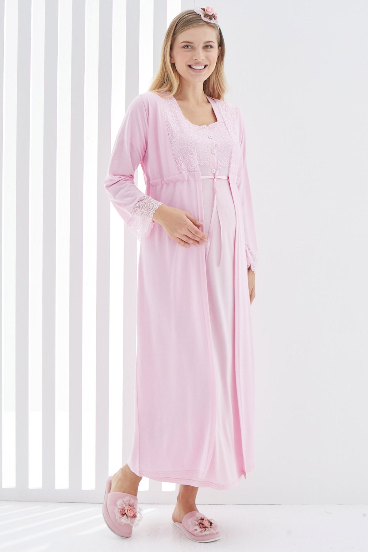 Shopymommy 2267 Maternity & Nursing Nightgown With Lace Sleeve Robe Pink