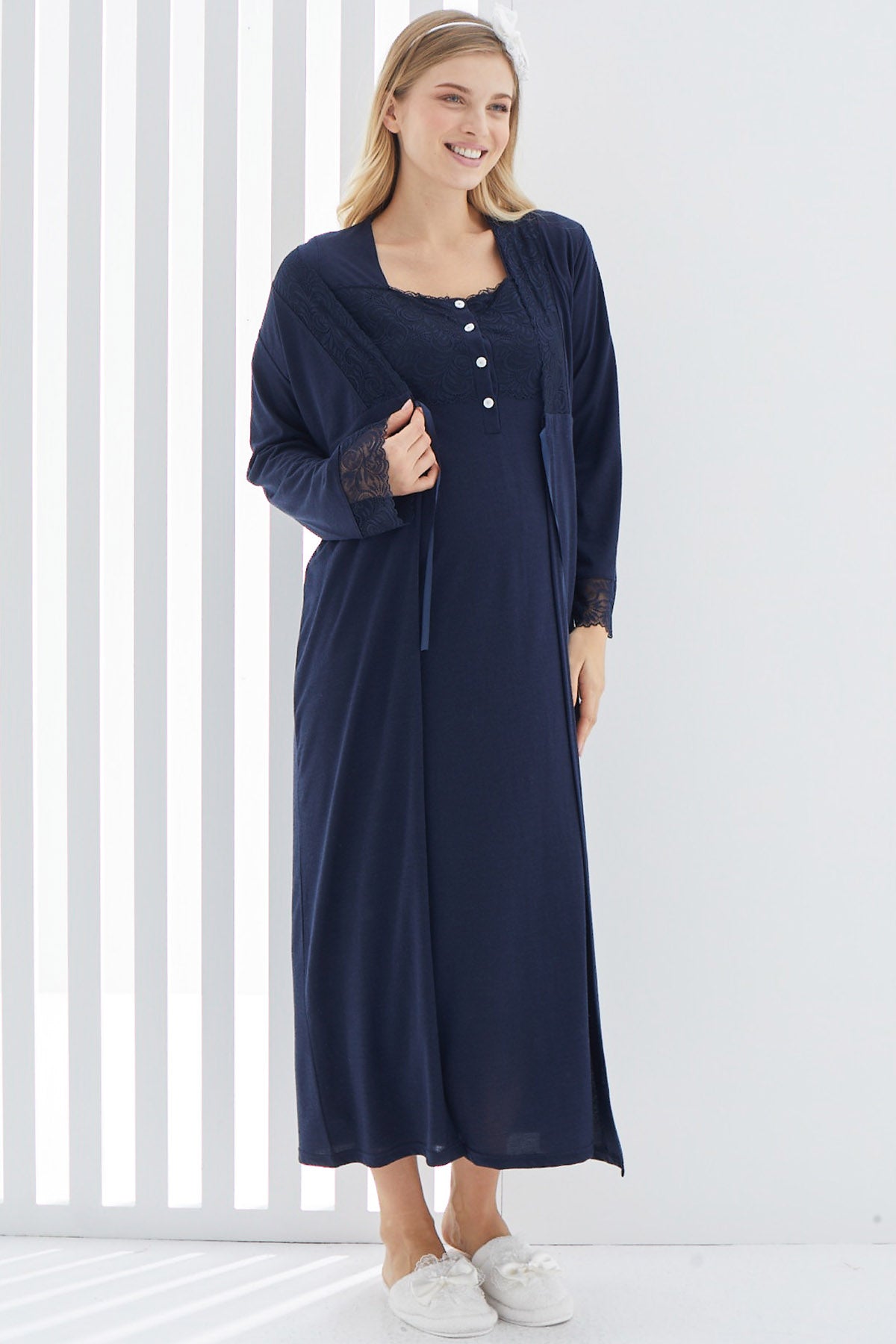 Shopymommy 2267 Maternity & Nursing Nightgown With Lace Sleeve Robe Navy Blue