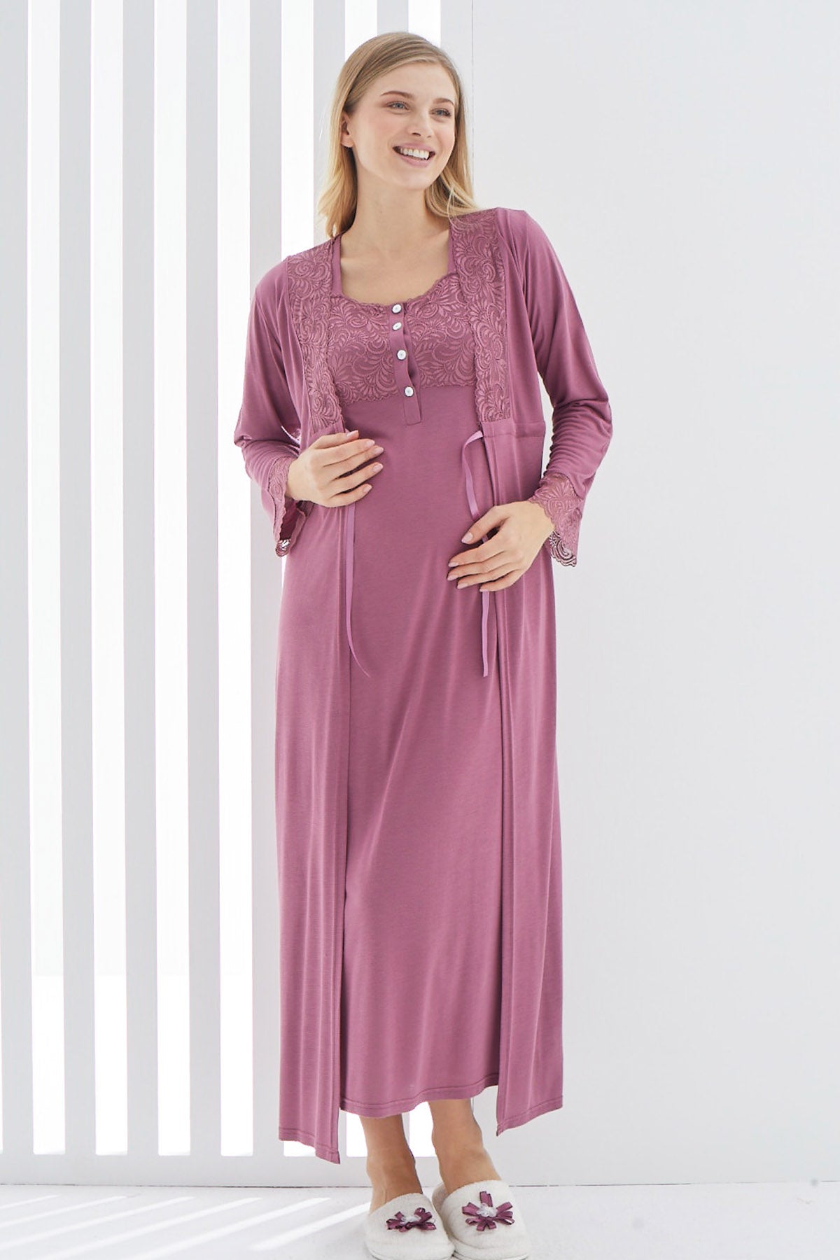 Shopymommy 2267 Maternity & Nursing Nightgown With Lace Sleeve Robe Plum