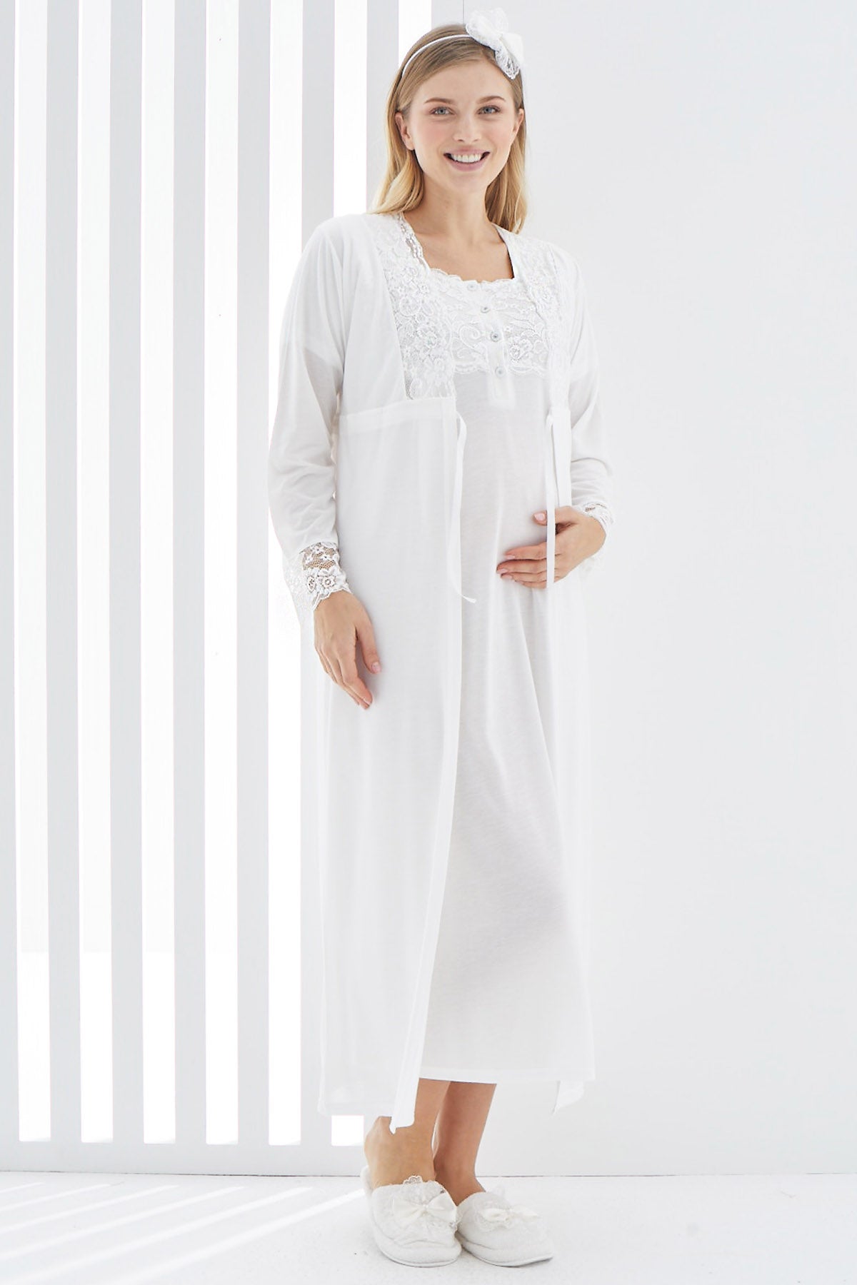 Shopymommy 2267 Maternity & Nursing Nightgown With Lace Sleeve Robe Ecru