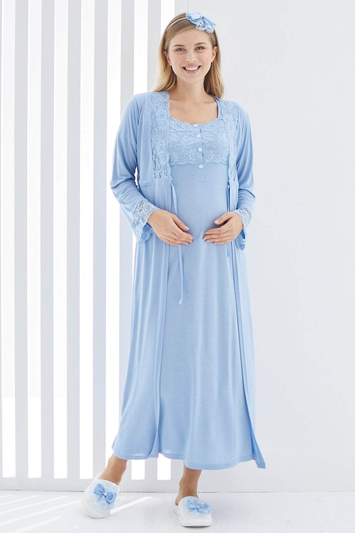 Shopymommy 2267 Maternity & Nursing Nightgown With Lace Sleeve Robe Blue