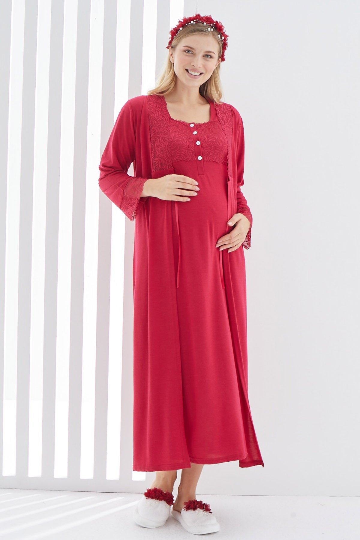 Shopymommy 2267 Maternity & Nursing Nightgown With Lace Sleeve Robe Red
