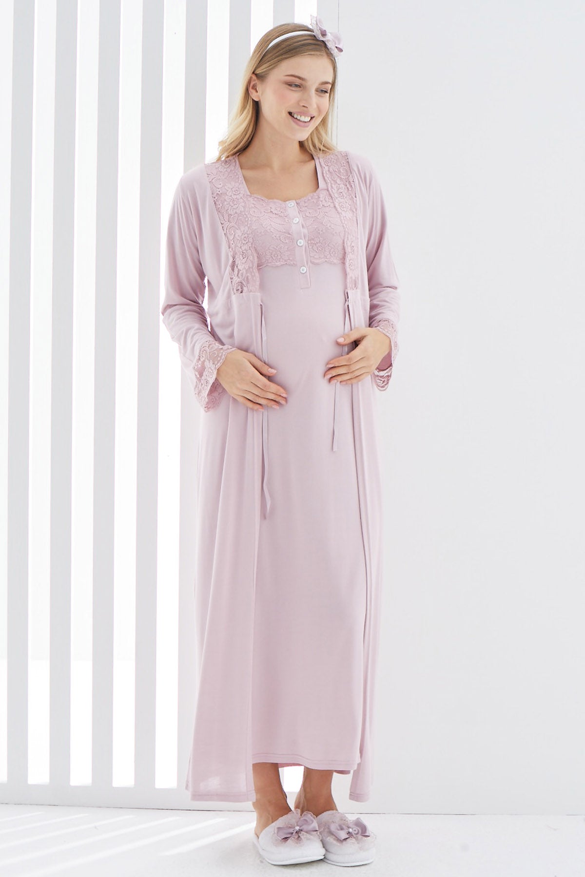Shopymommy 2267 Maternity & Nursing Nightgown With Lace Sleeve Robe Dried Rose