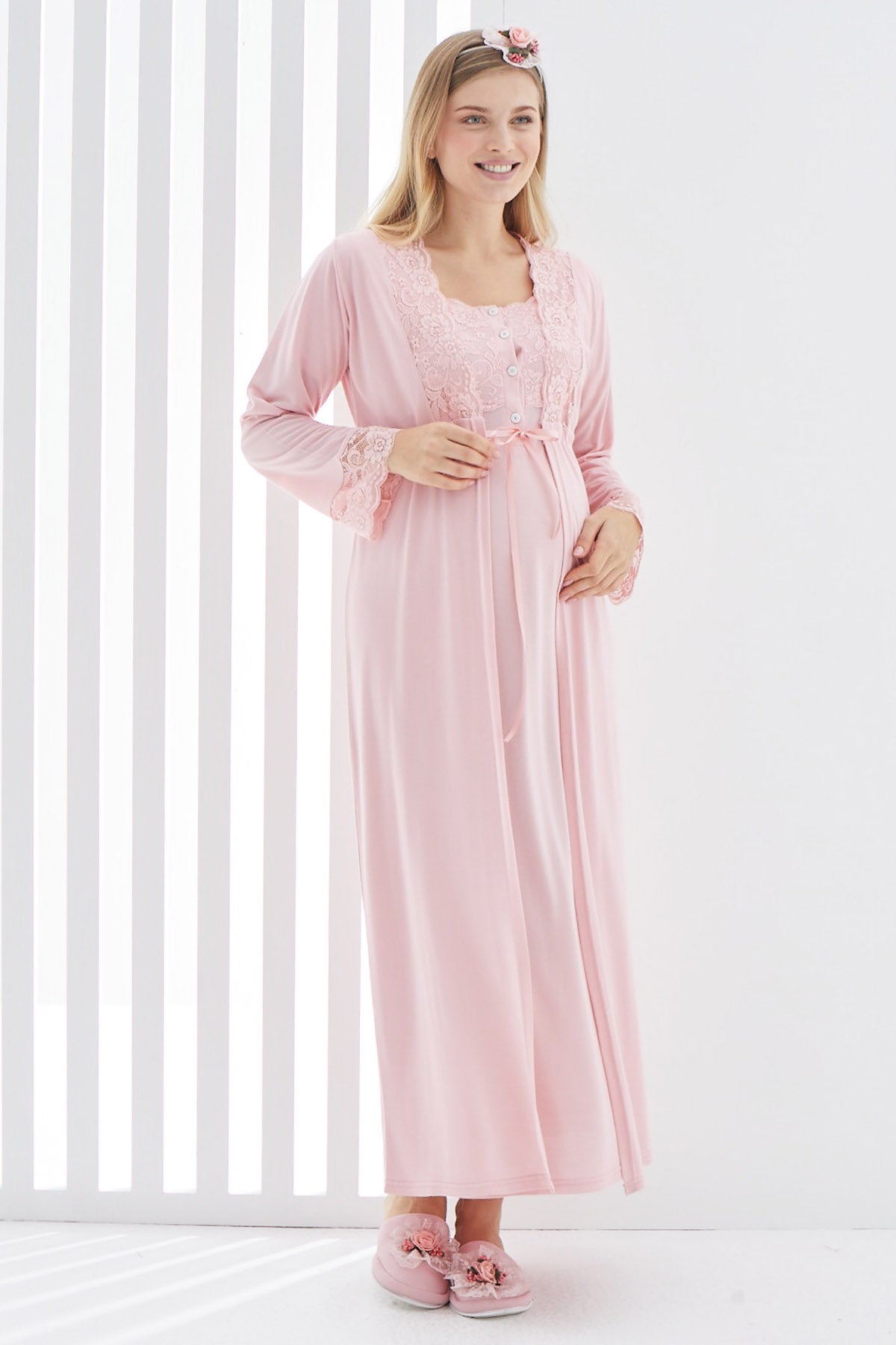 Shopymommy 2267 Maternity & Nursing Nightgown With Lace Sleeve Robe Powder