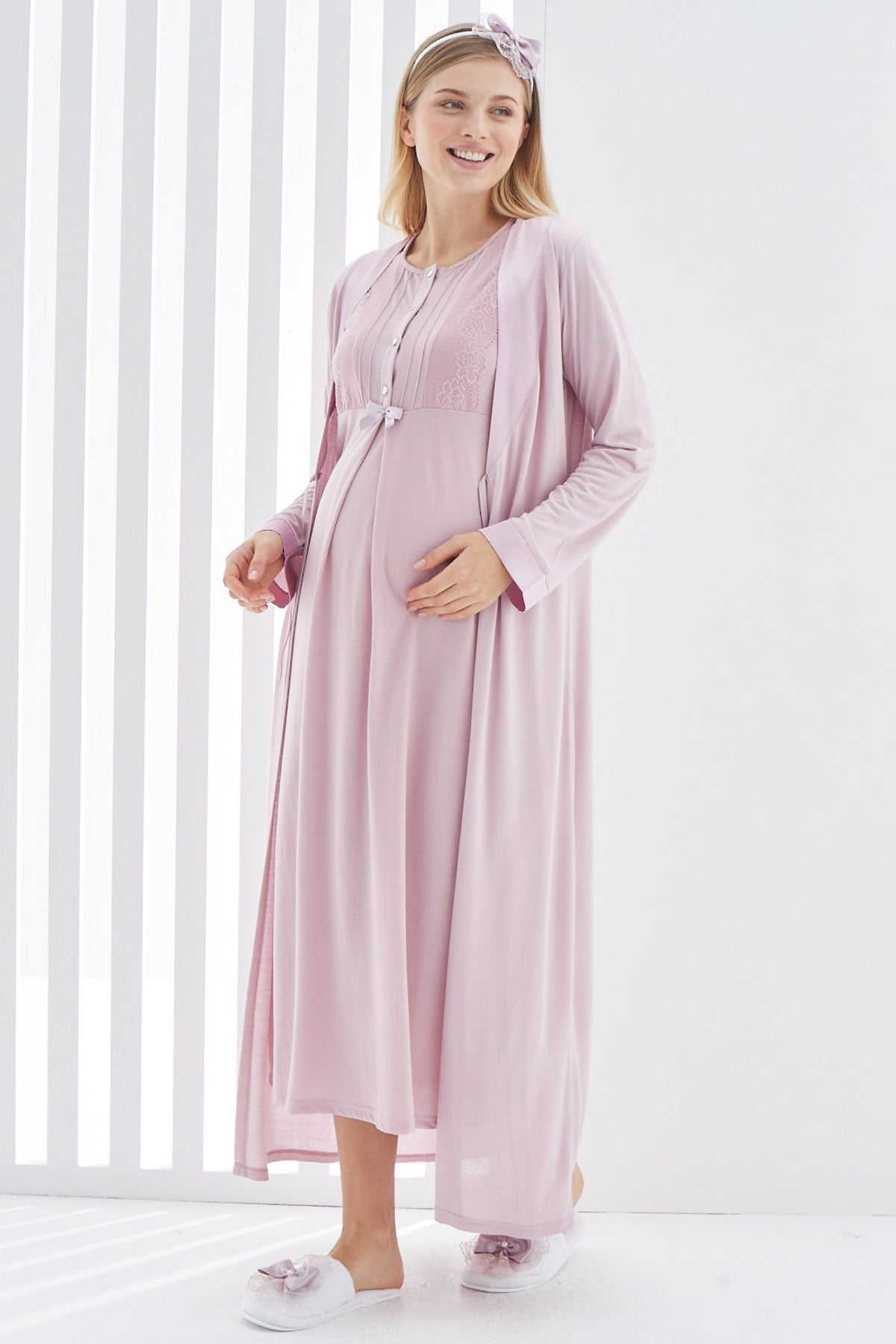 Shopymommy 2266 Guipure Collar Maternity & Nursing Nightgown With Robe Dried Rose