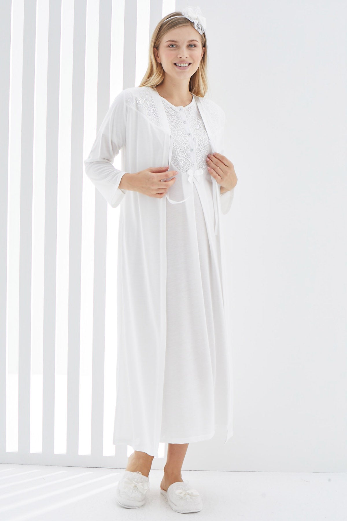 Shopymommy 2265 Guipure Collar Maternity & Nursing Nightgown With Robe Ecru