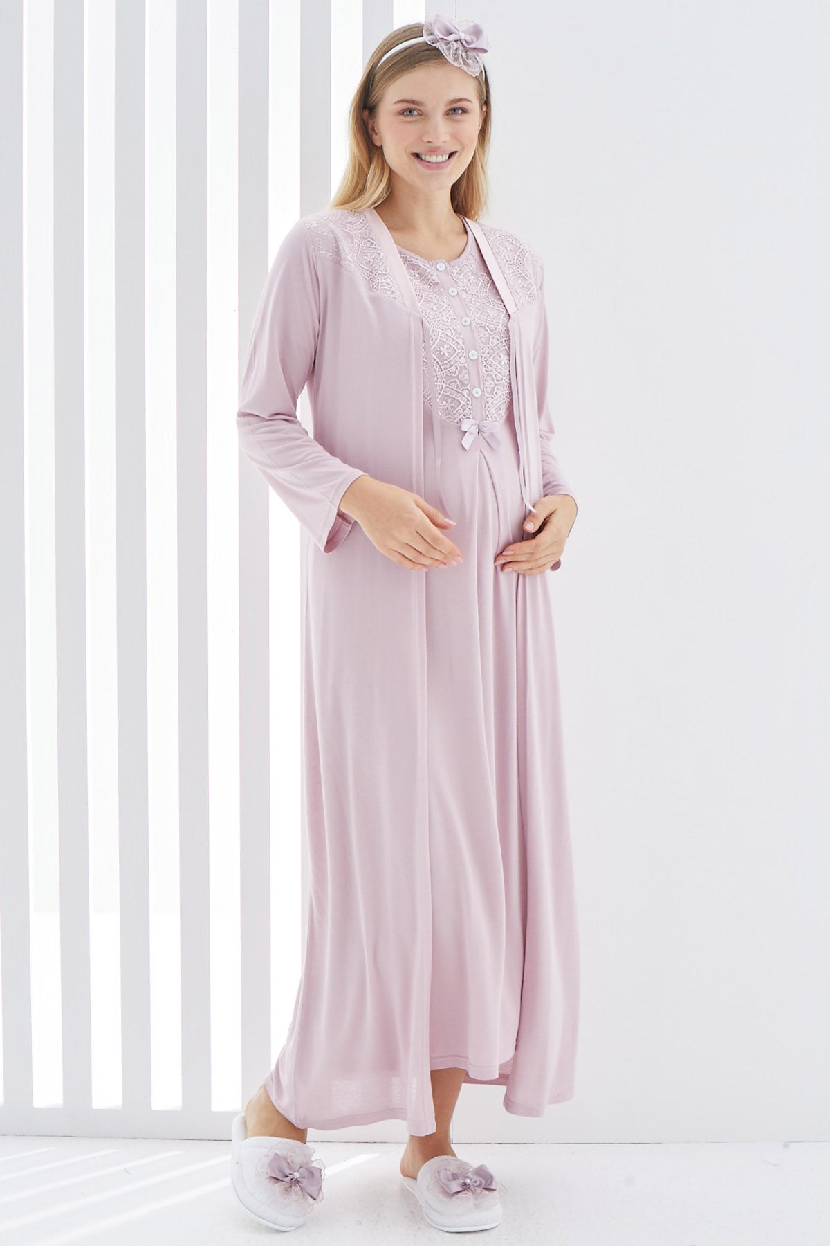 Shopymommy 2265 Guipure Collar Maternity & Nursing Nightgown With Robe Dried Rose