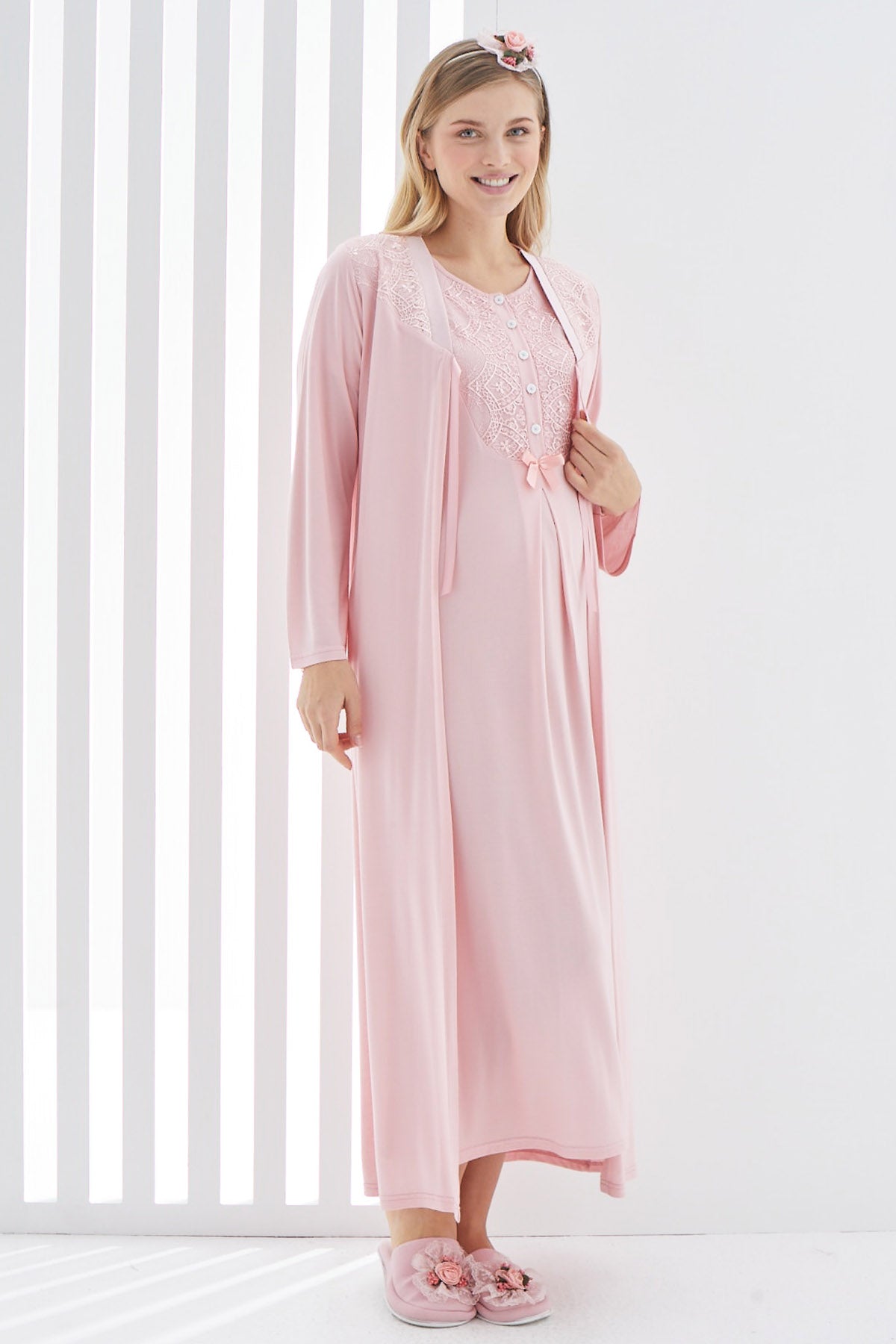 Shopymommy 2265 Guipure Collar Maternity & Nursing Nightgown With Robe Pink