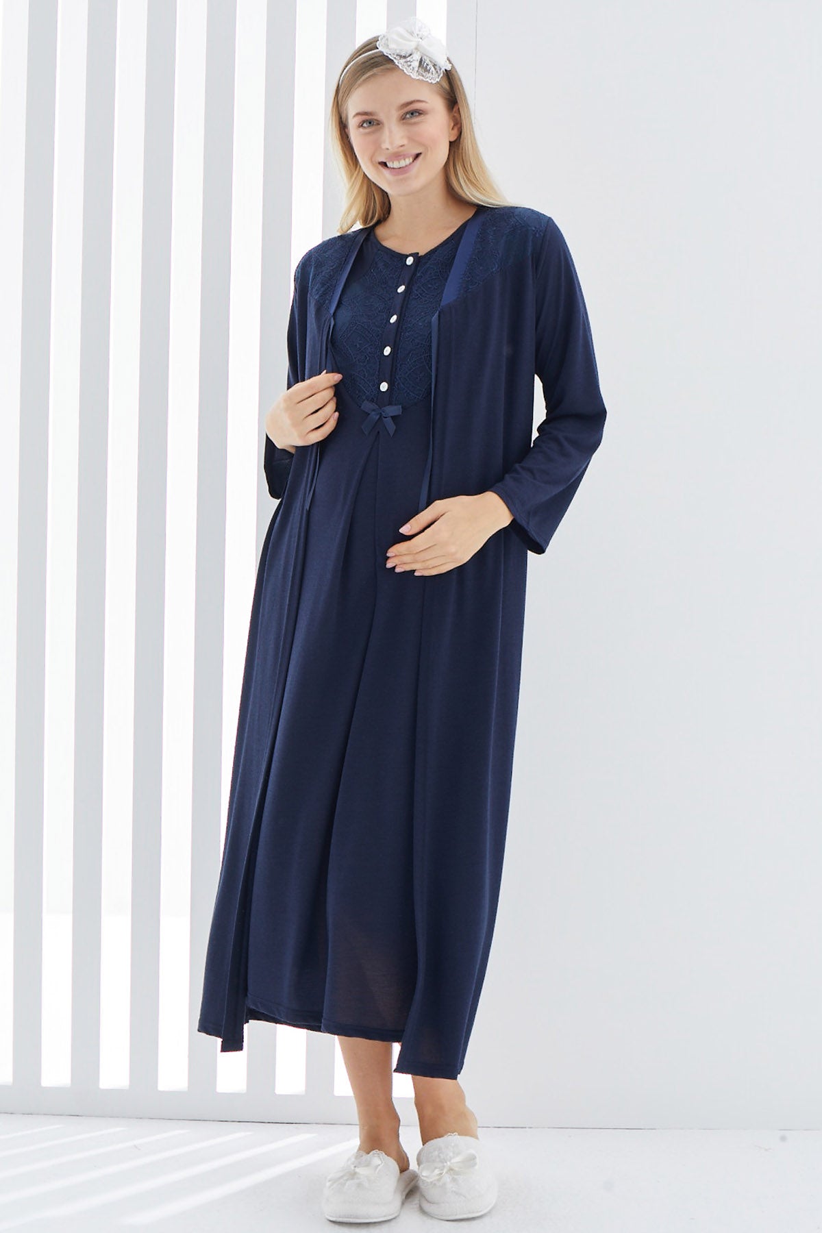 Shopymommy 2265 Guipure Collar Maternity & Nursing Nightgown With Robe Navy Blue