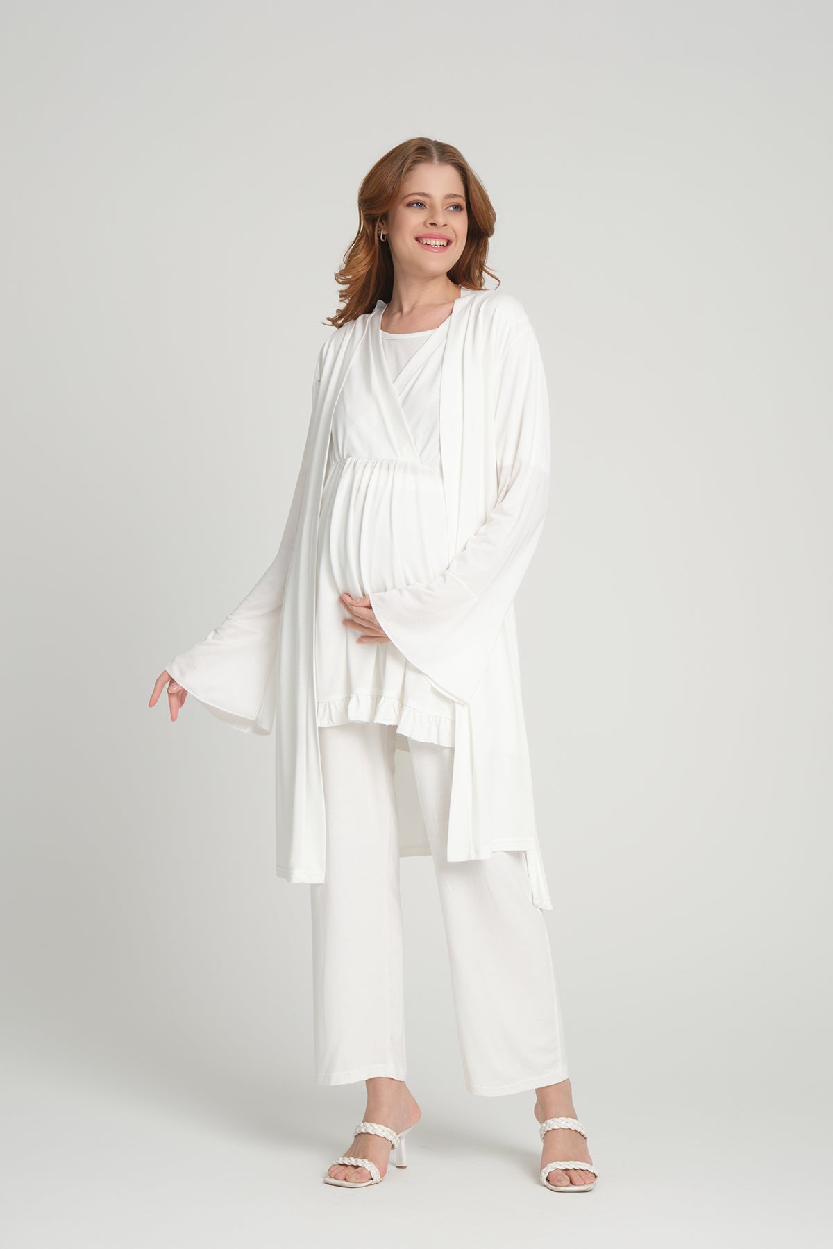 Shopymommy 205 Double Breasted 3-Pieces Maternity & Nursing Pajamas With Flywheel Arm Robe Ecru