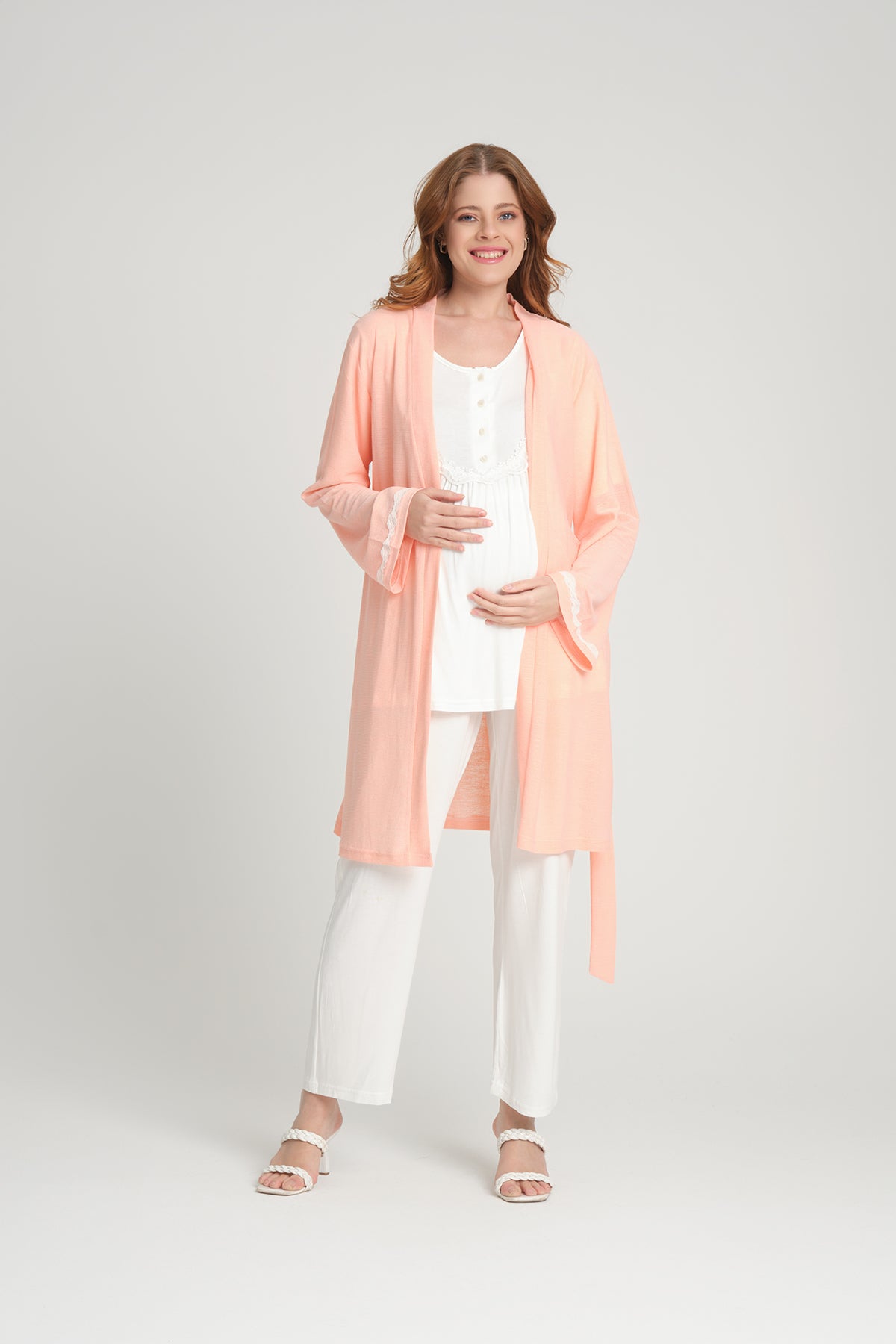 Shopymommy 207 Lace 3-Pieces Maternity & Nursing Pajamas With Robe Salmon