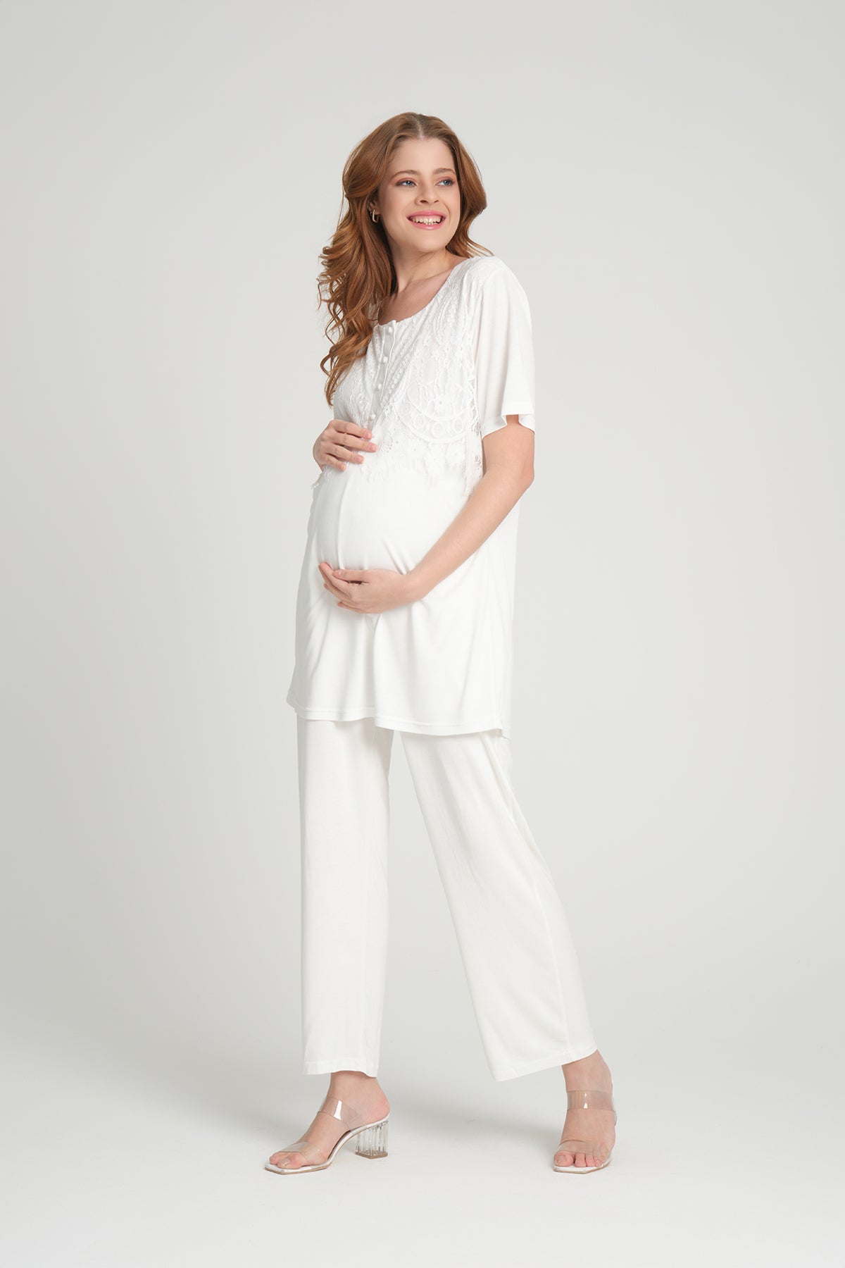 Shopymommy 208 3-Pieces Maternity & Nursing Pajamas With Lace Sleeve Robe Ecru