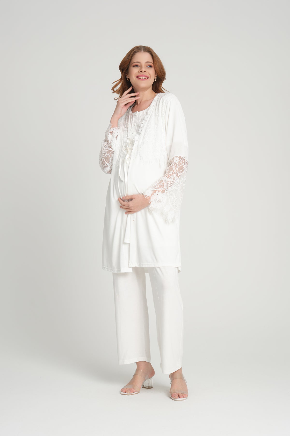 Shopymommy 208 3-Pieces Maternity & Nursing Pajamas With Lace Sleeve Robe Ecru