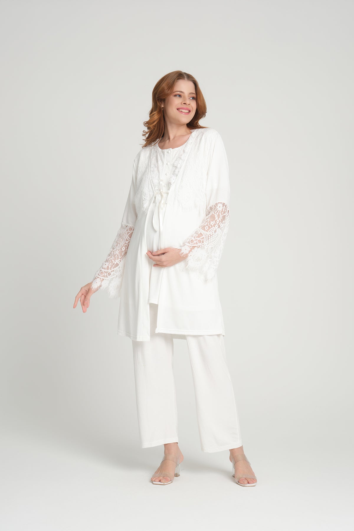 Shopymommy 208 3-Pieces Maternity & Nursing Pajamas With Lace Sleeve Robe Ecru