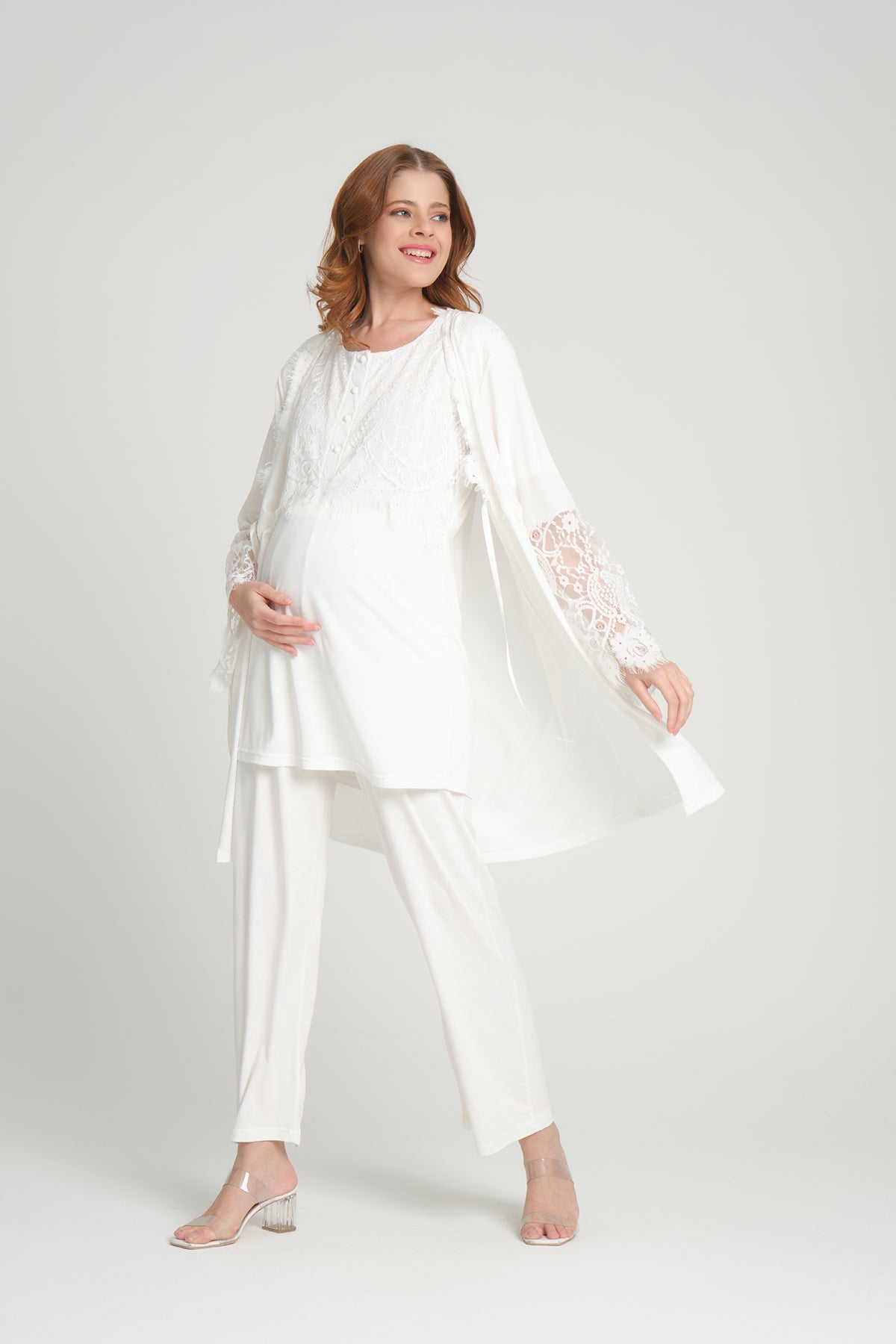 Shopymommy 208 3-Pieces Maternity & Nursing Pajamas With Lace Sleeve Robe Ecru