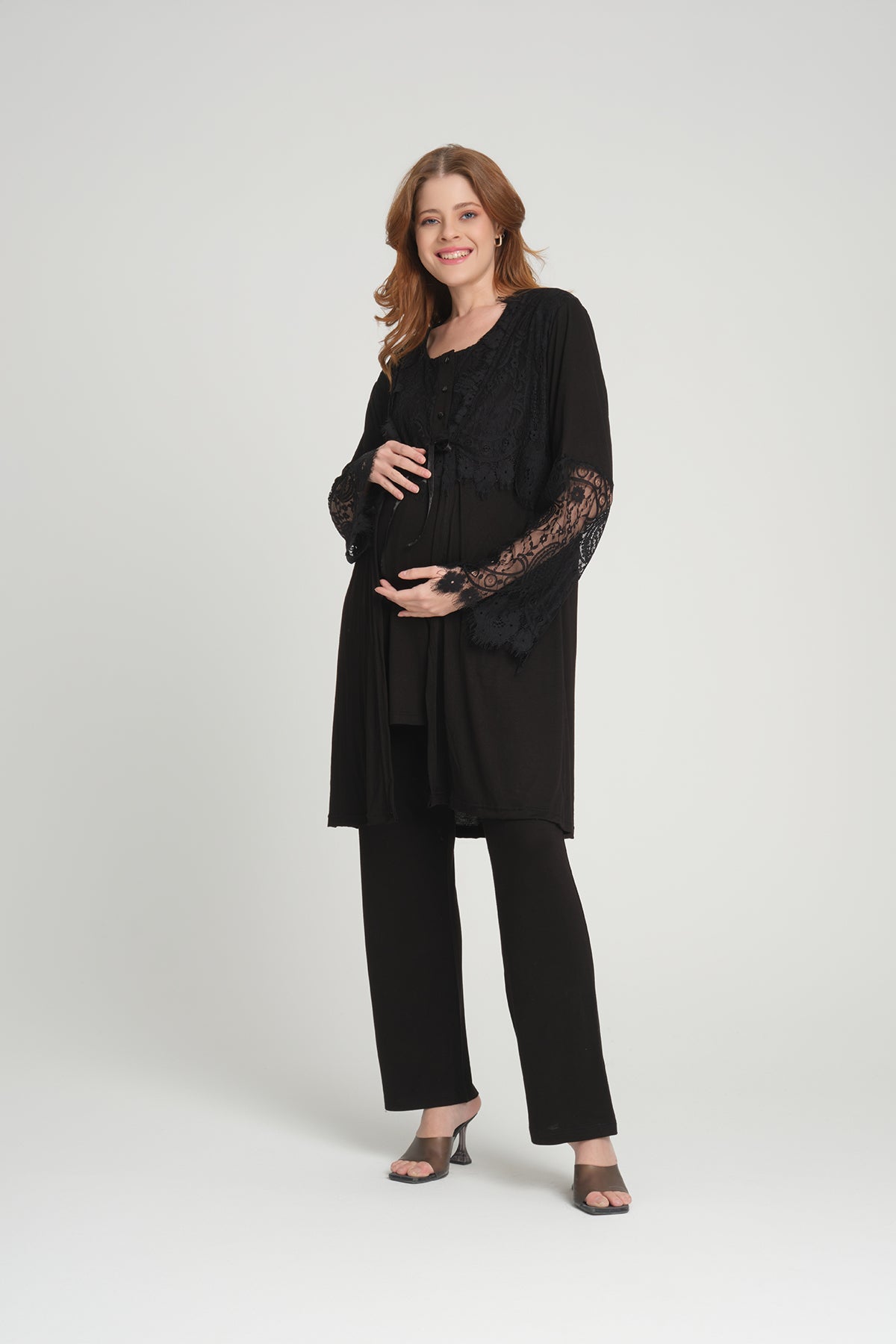 Shopymommy 208 3-Pieces Maternity & Nursing Pajamas With Lace Sleeve Robe Black
