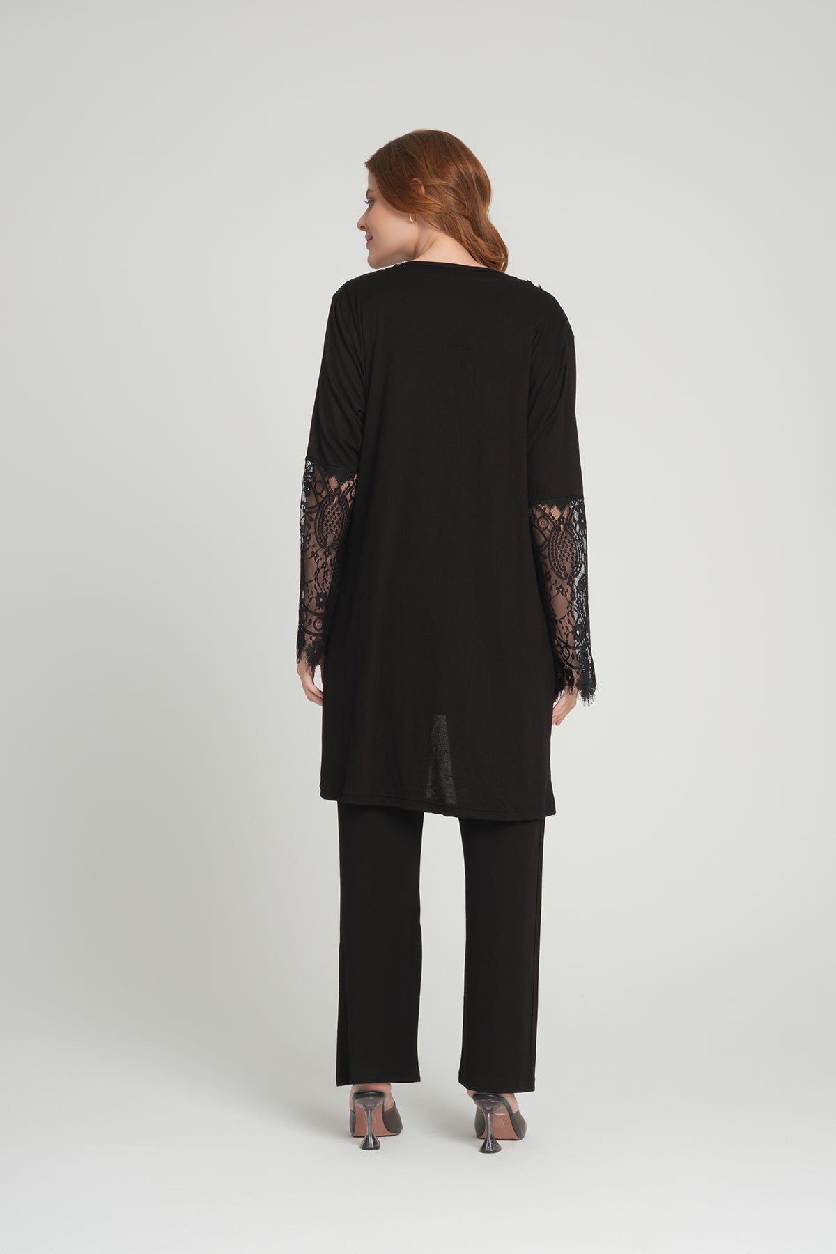 Shopymommy 208 3-Pieces Maternity & Nursing Pajamas With Lace Sleeve Robe Black