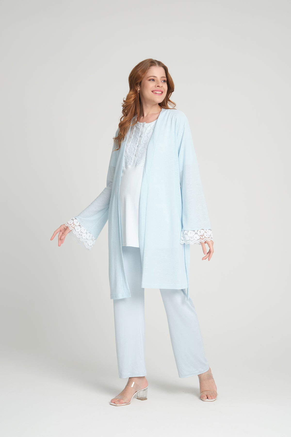 Shopymommy 209 Lace Detailed 3-Pieces Maternity & Nursing Pajamas With Robe Blue