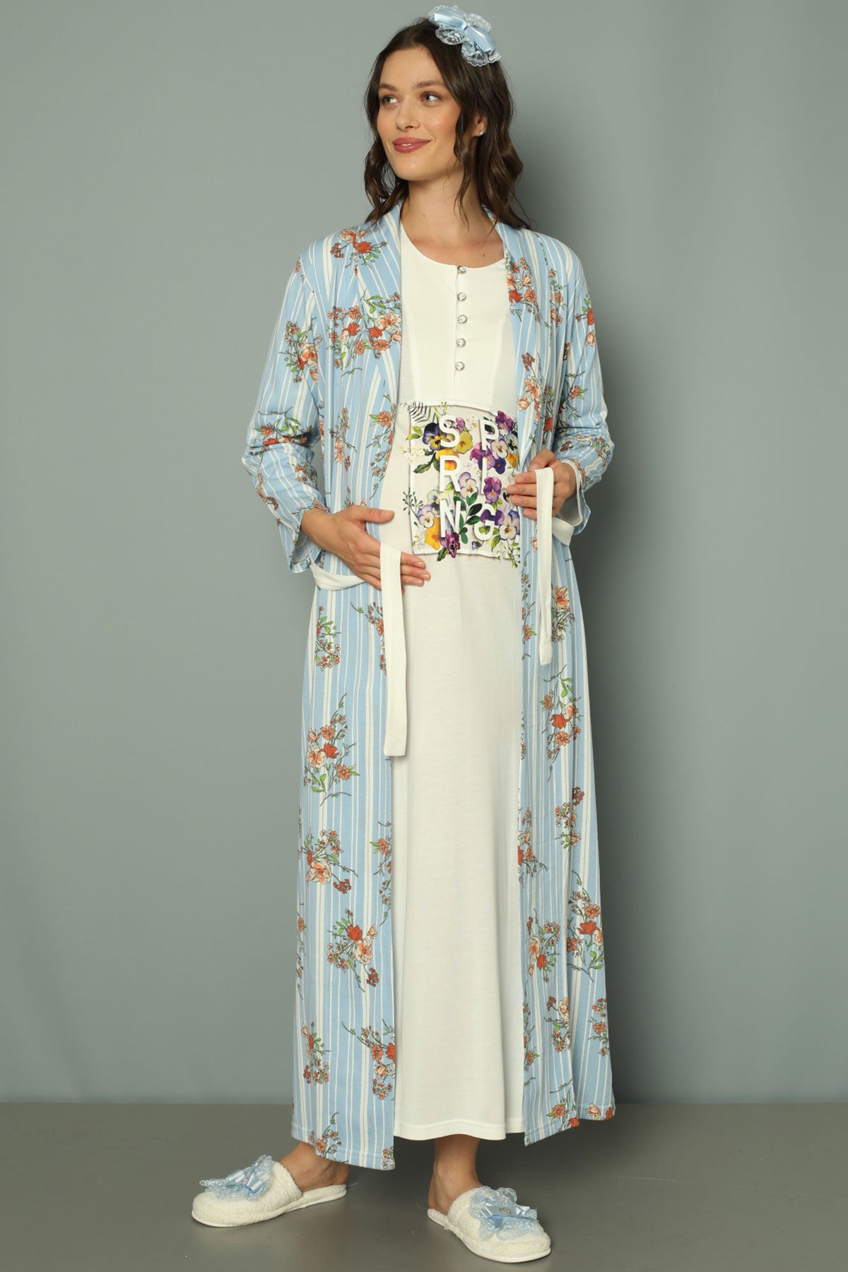 Shopymommy 2257 Maternity & Nursing Nightgown With Patterned Robe Ecru/Blue