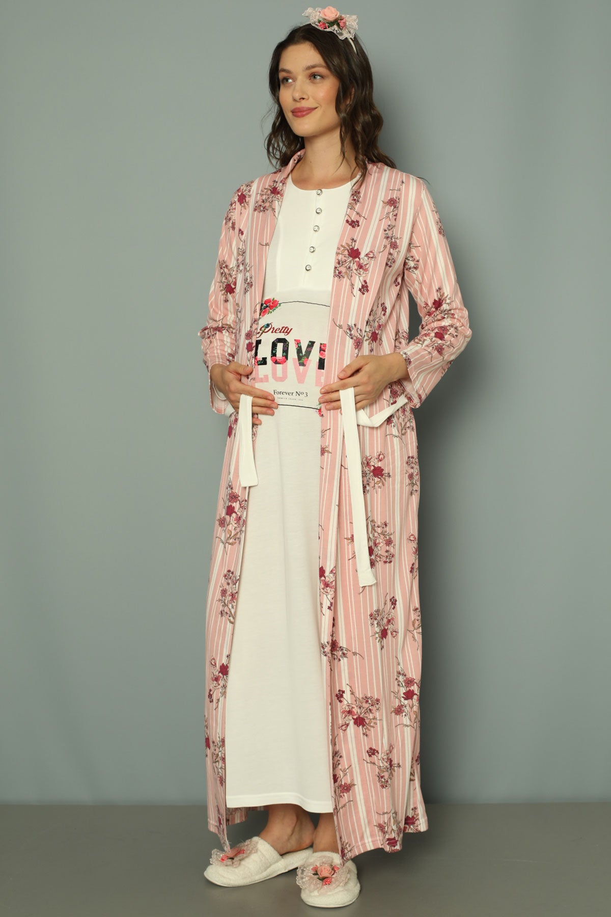Shopymommy 2257 Maternity & Nursing Nightgown With Patterned Robe Ecru