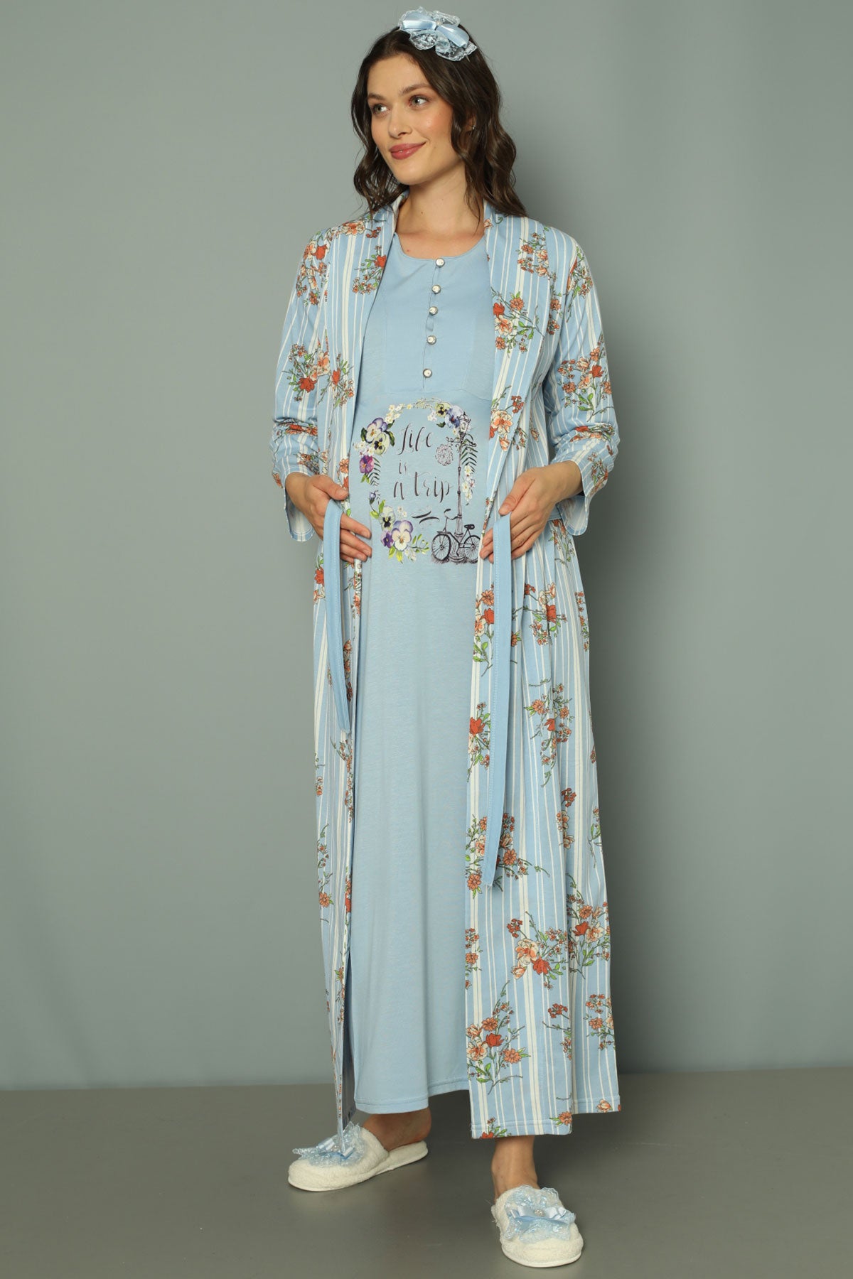 Shopymommy 2257 Maternity & Nursing Nightgown With Patterned Robe Blue