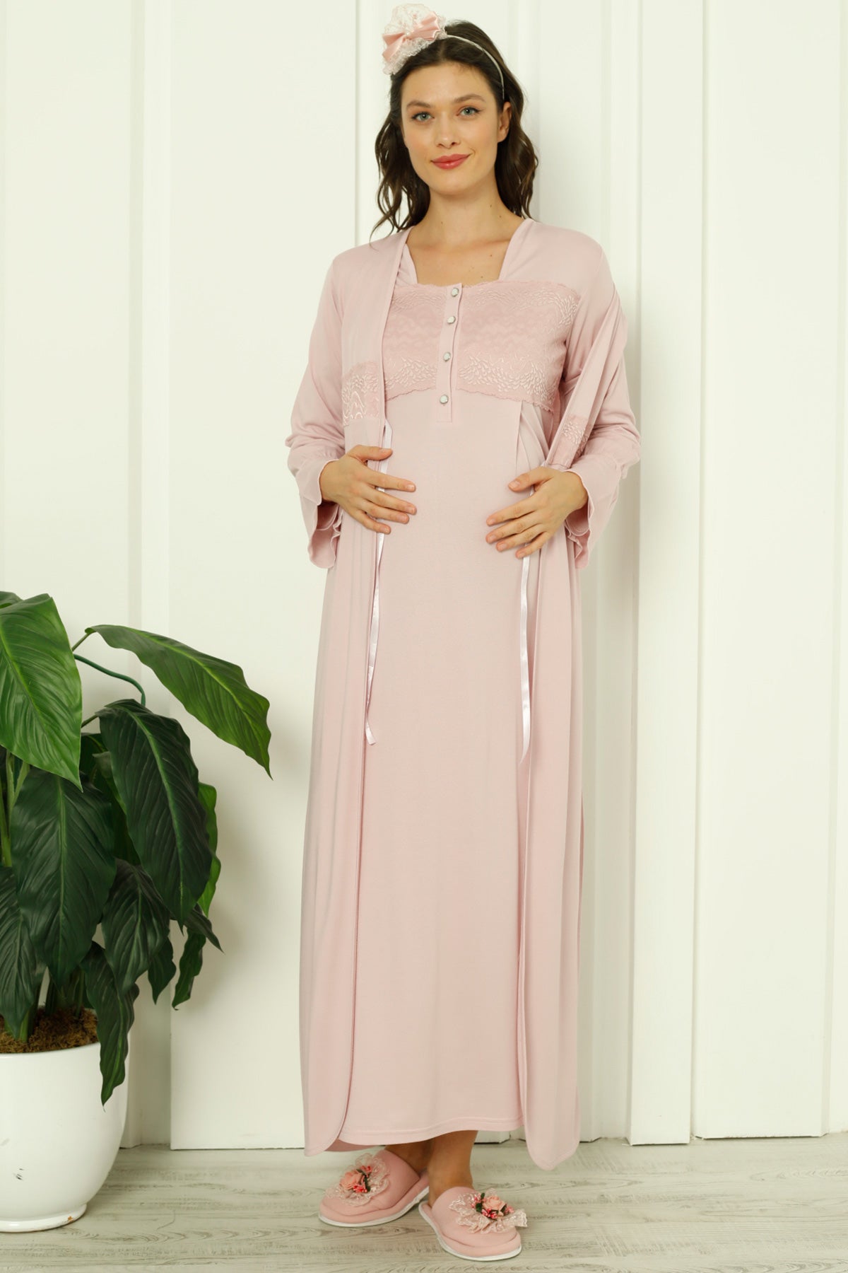 Shopymommy 2260 Maternity & Nursing Nightgown With Lace Collar Robe Dried Rose