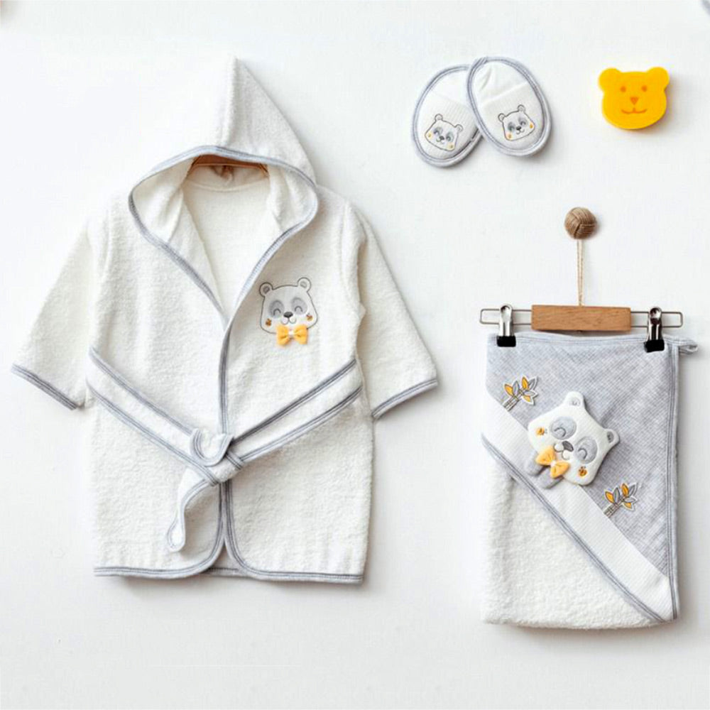 Shoppymommy 2395577 Baby Panda-Themed Bathrobe and Towel Set Gray (0-24 Months)