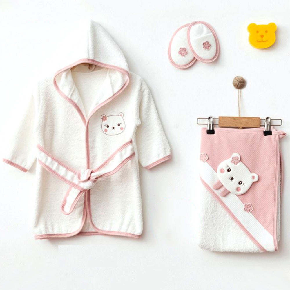 Shoppymommy 239.5581 Adorable Bear Patterned Baby Bathrobe in Dried Rose (0-24 Months)