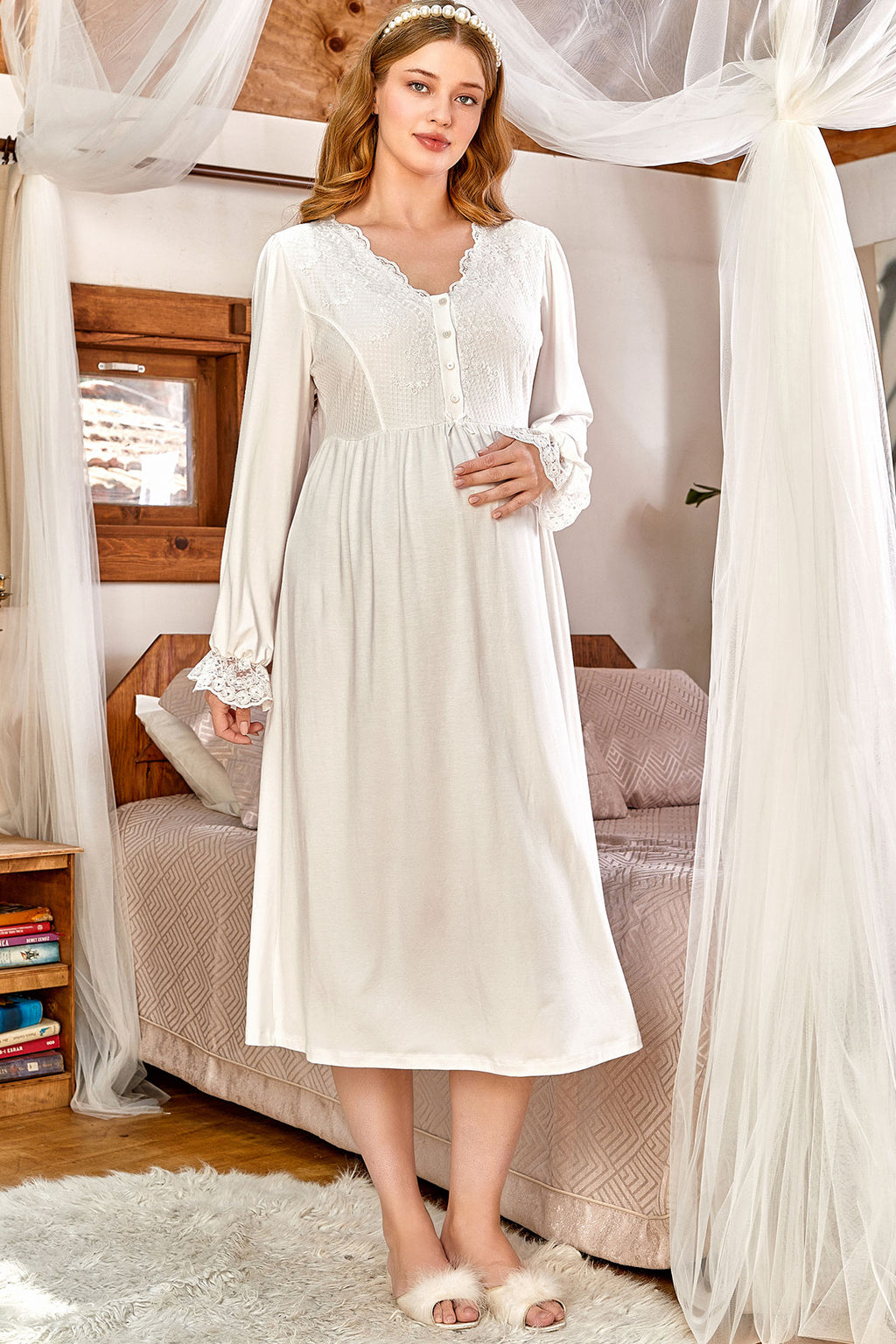 Shopymommy 24154 Embroidery Maternity & Nursing Nightgown Ecru