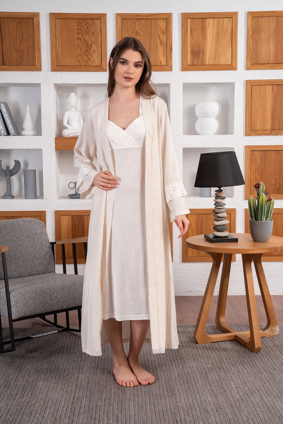 Shopymommy 24402 Double Breasted Maternity & Nursing Nightgown With Melange Robe Ecru
