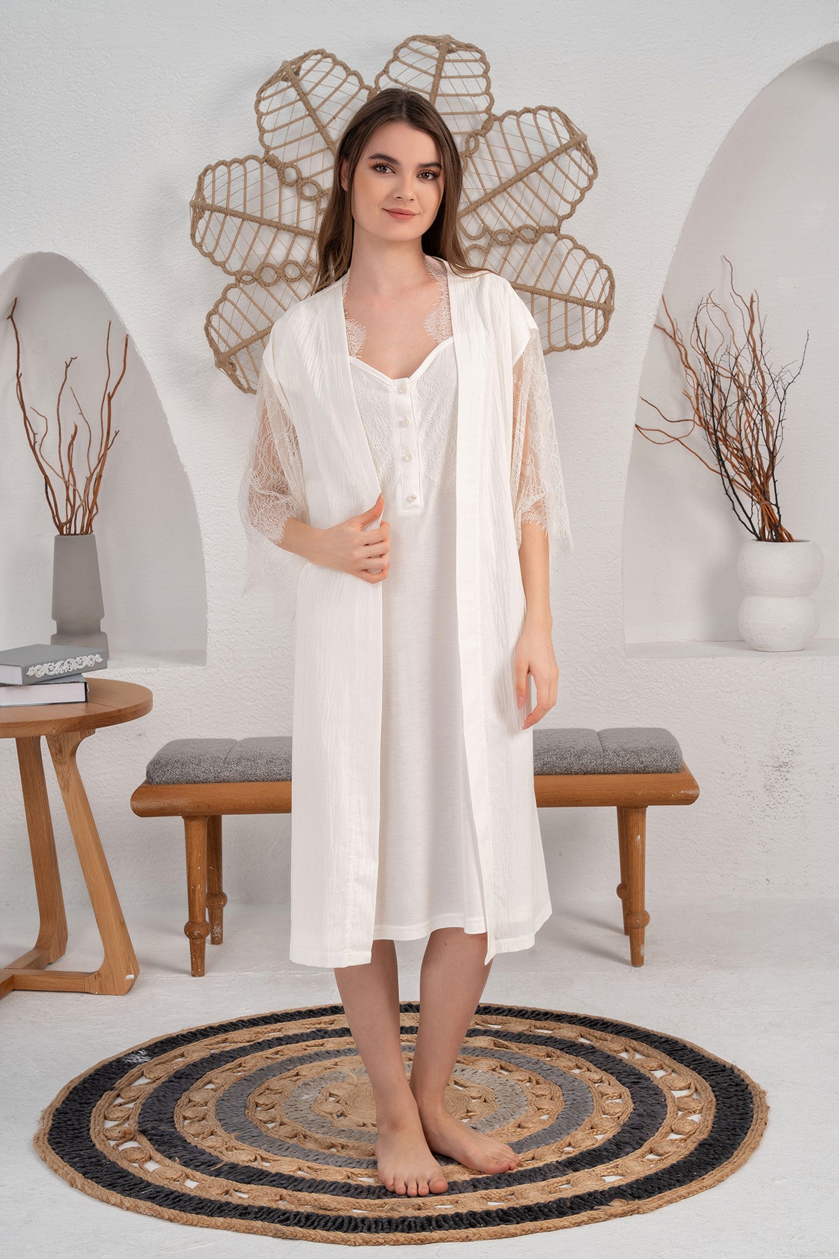 Shopymommy 24403 Maternity & Nursing Nightgown With Tulle Lace Sleeve Robe Ecru
