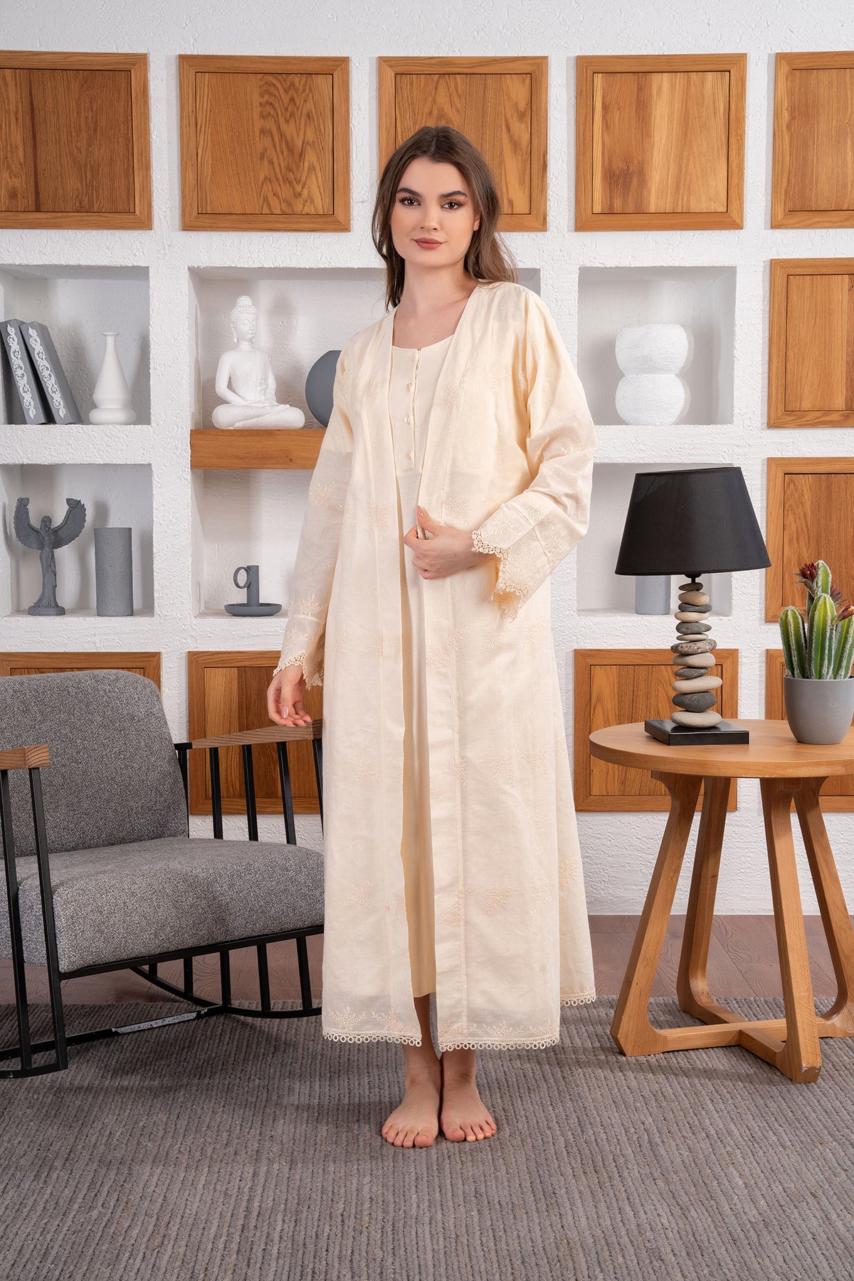 Shopymommy 24406 Lace Collar Maternity & Nursing Nightgown With Jacquard Robe Beige
