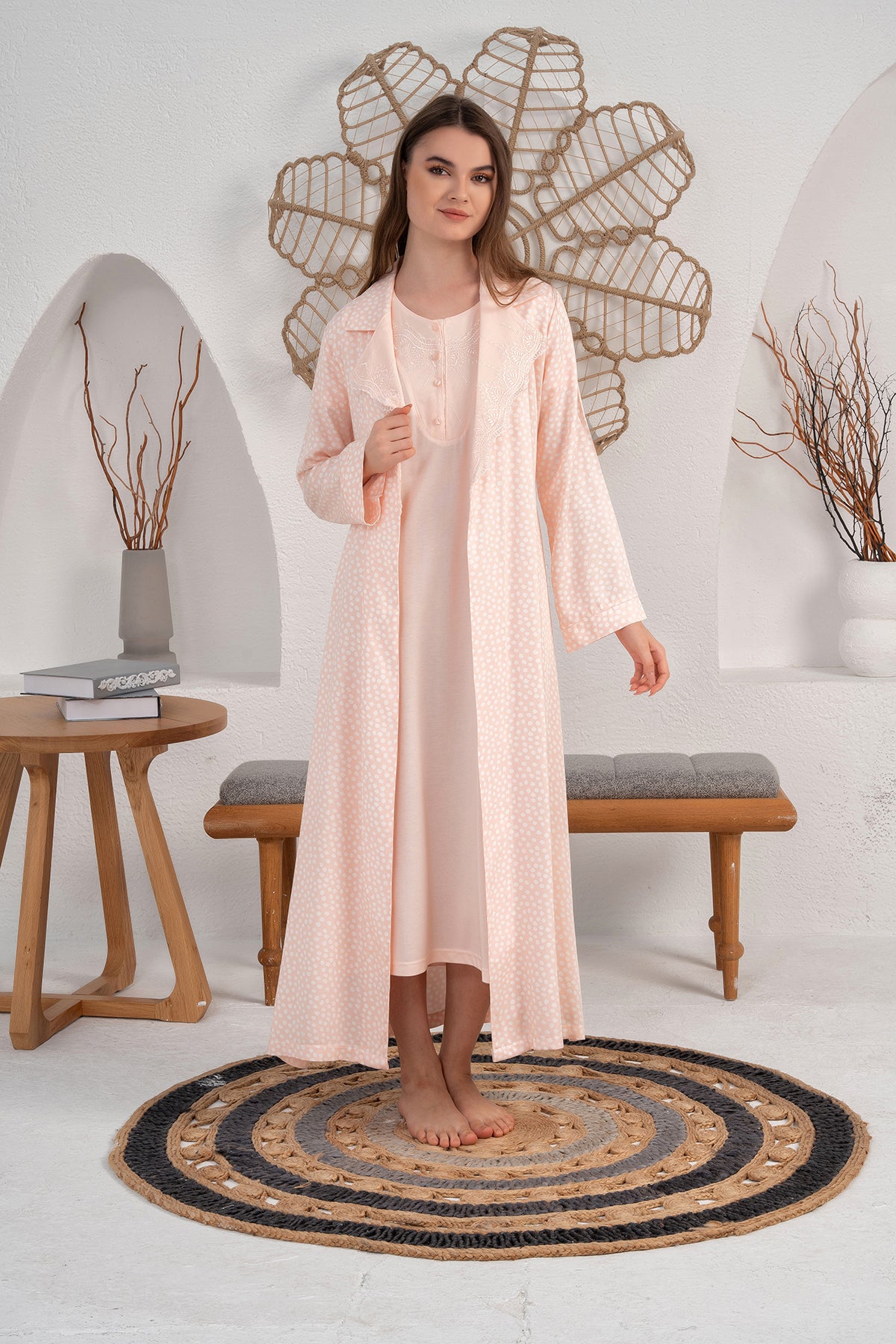 Shopymommy 24411 Lace Collar Maternity & Nursing Nightgown With Polka Dot Robe Powder
