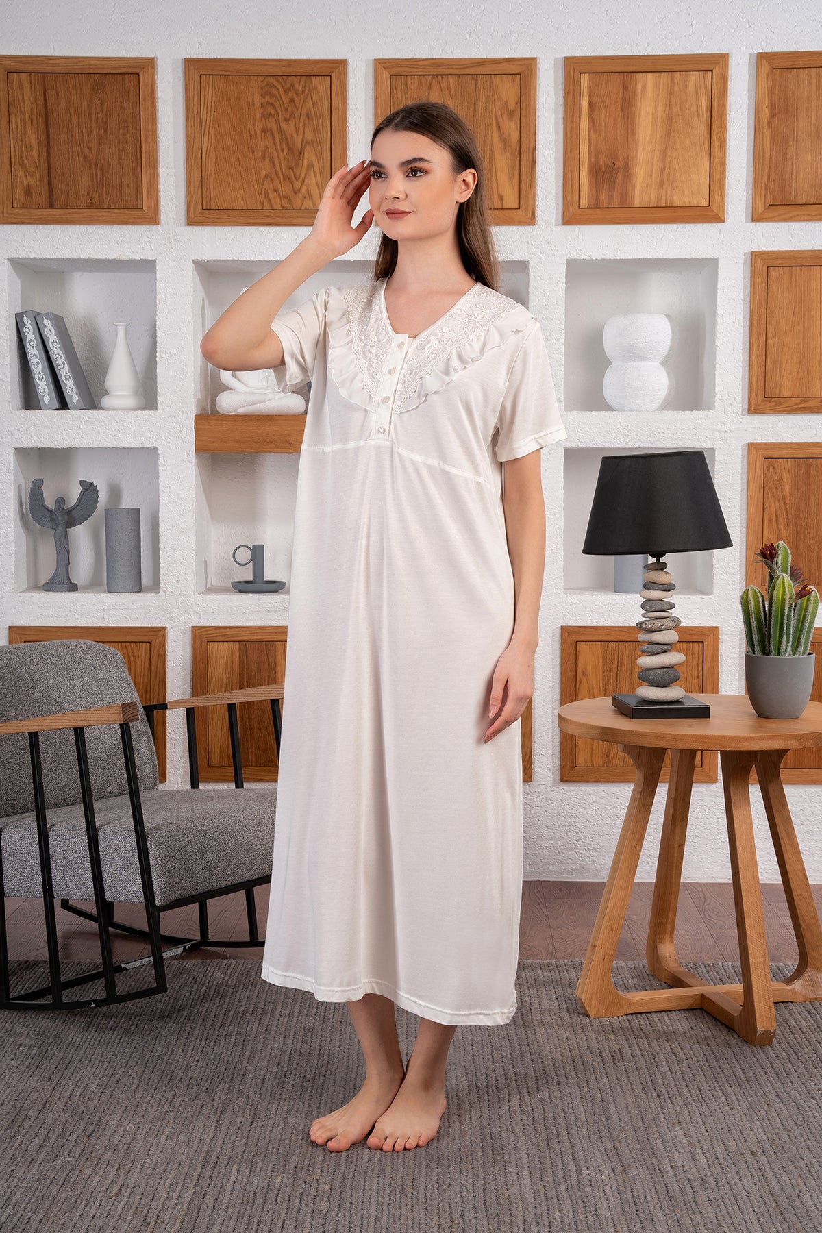 Shopymommy 24412 Lace Collar Maternity & Nursing Nightgown With Robe Ecru
