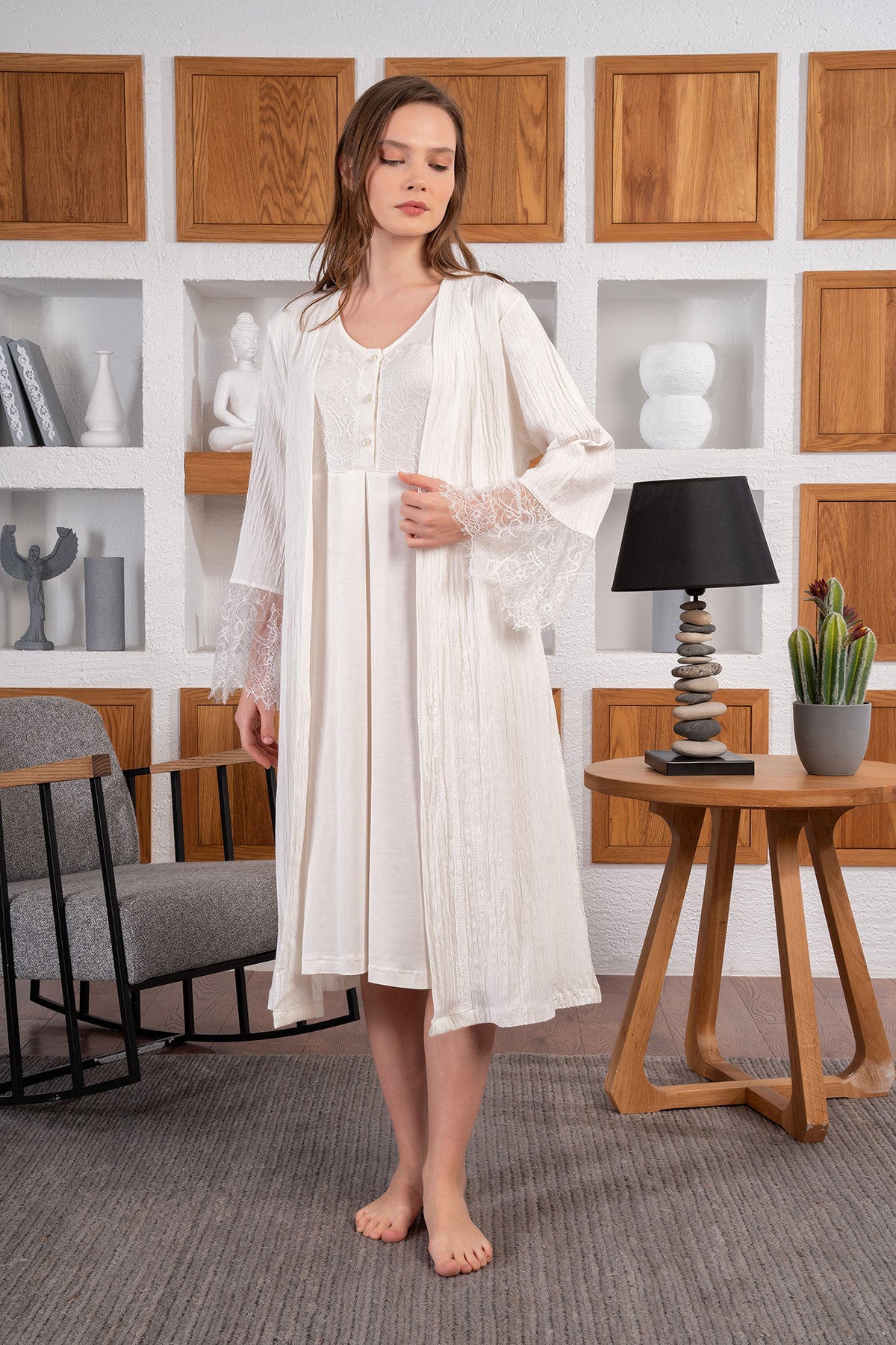 Shopymommy 24416 Lace Sleeve Maternity & Nursing Nightgown With Crepe Robe Ecru