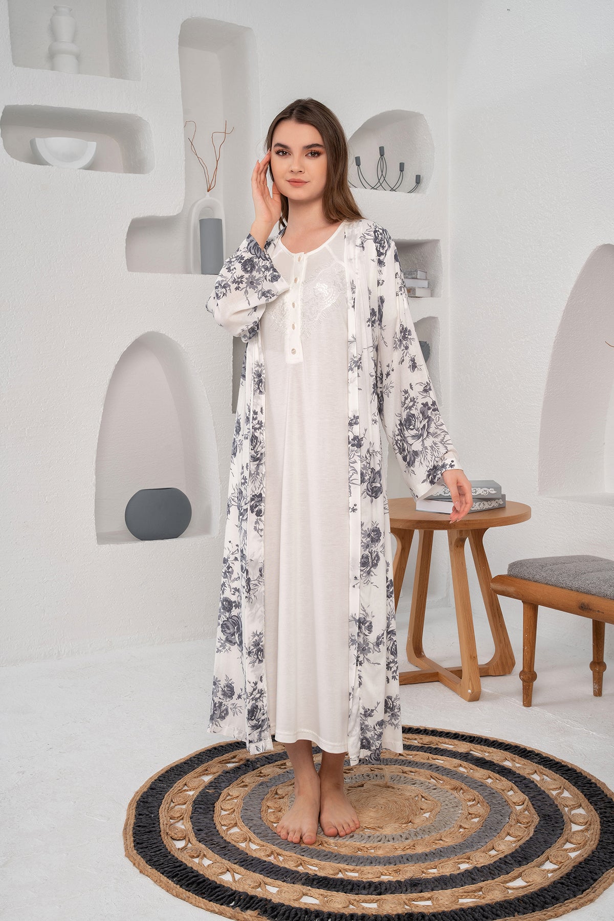 Shopymommy 24417 Guipure Collar Maternity & Nursing Nightgown With Flowery Robe Grey