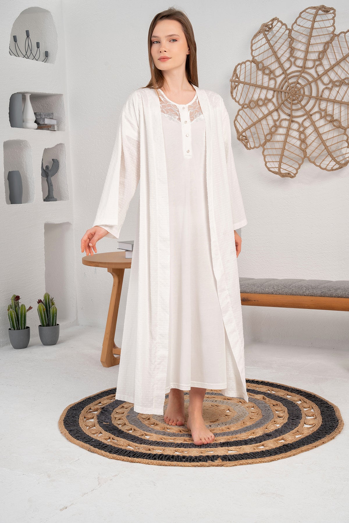 Shopymommy 24421 Tulle Lace Collar Maternity & Nursing Nightgown With Robe Ecru