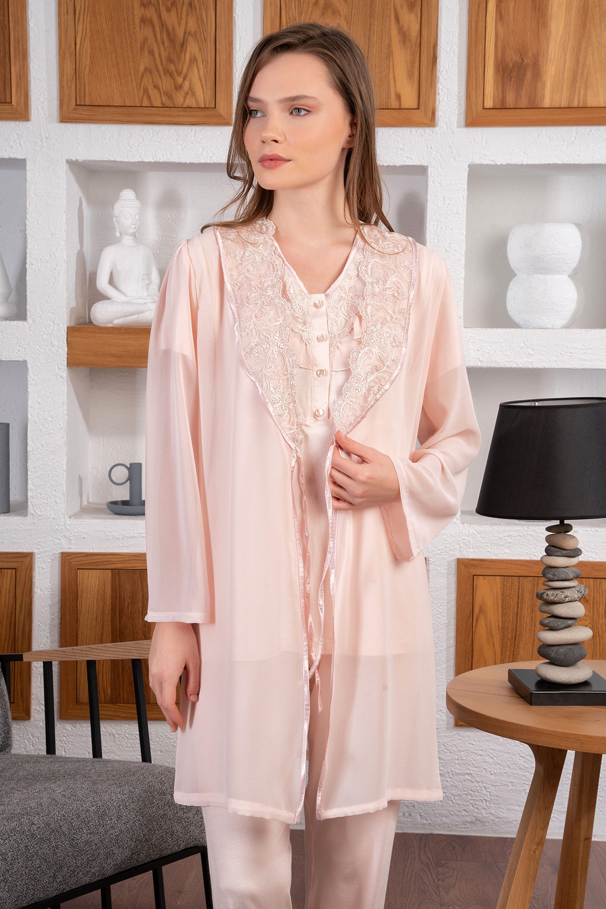 Shopymommy 24512 Lace Collar 3-Pieces Maternity & Nursing Pajamas With Robe Powder