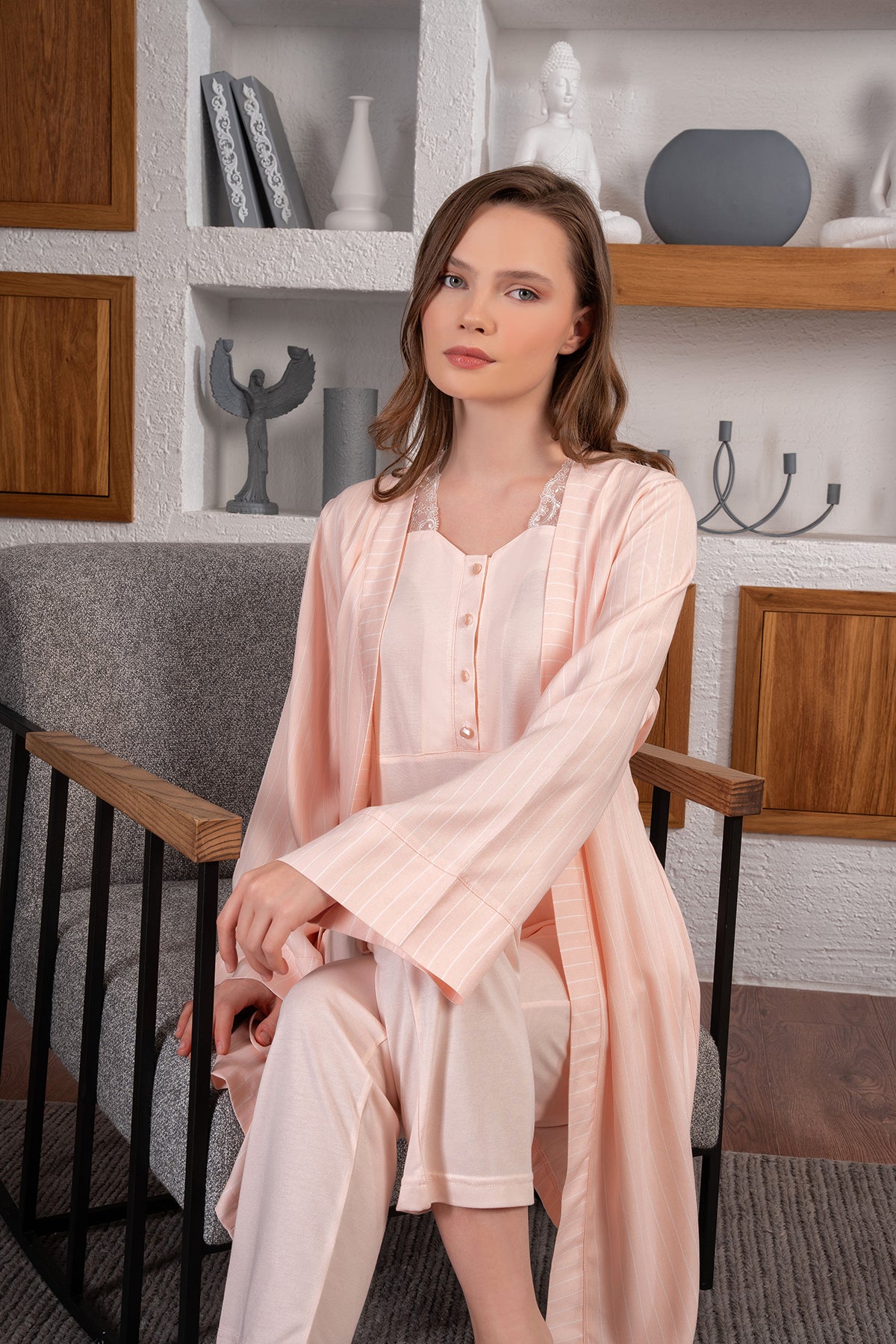 Shopymommy 24515 Lace Shoulder 3-Pieces Maternity & Nursing Pajamas With Stripe Robe Powder