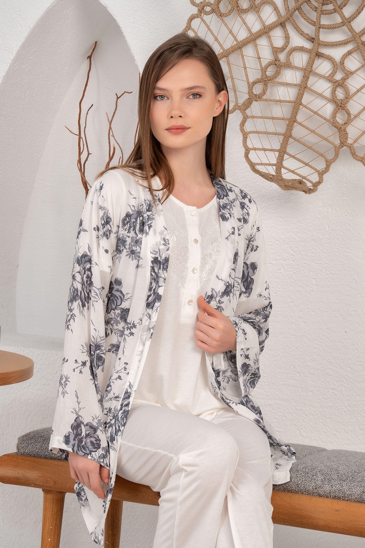Shopymommy 24517 Guipure Collar 3-Pieces Maternity & Nursing Pajamas With Flowery Robe Grey