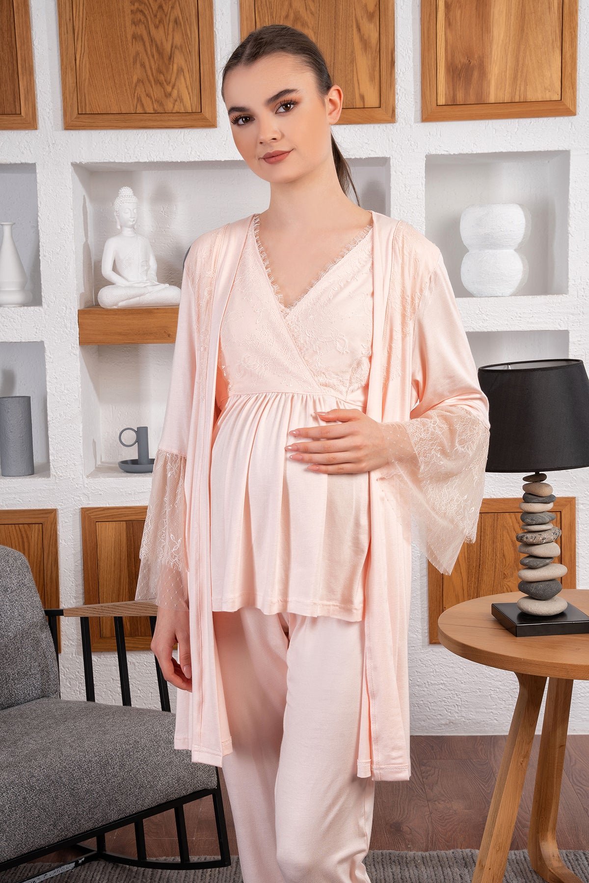 Shopymommy 24519 Double Breasted 3-Pieces Maternity & Nursing Pajamas With Tulle Lace Sleeve Robe Powder