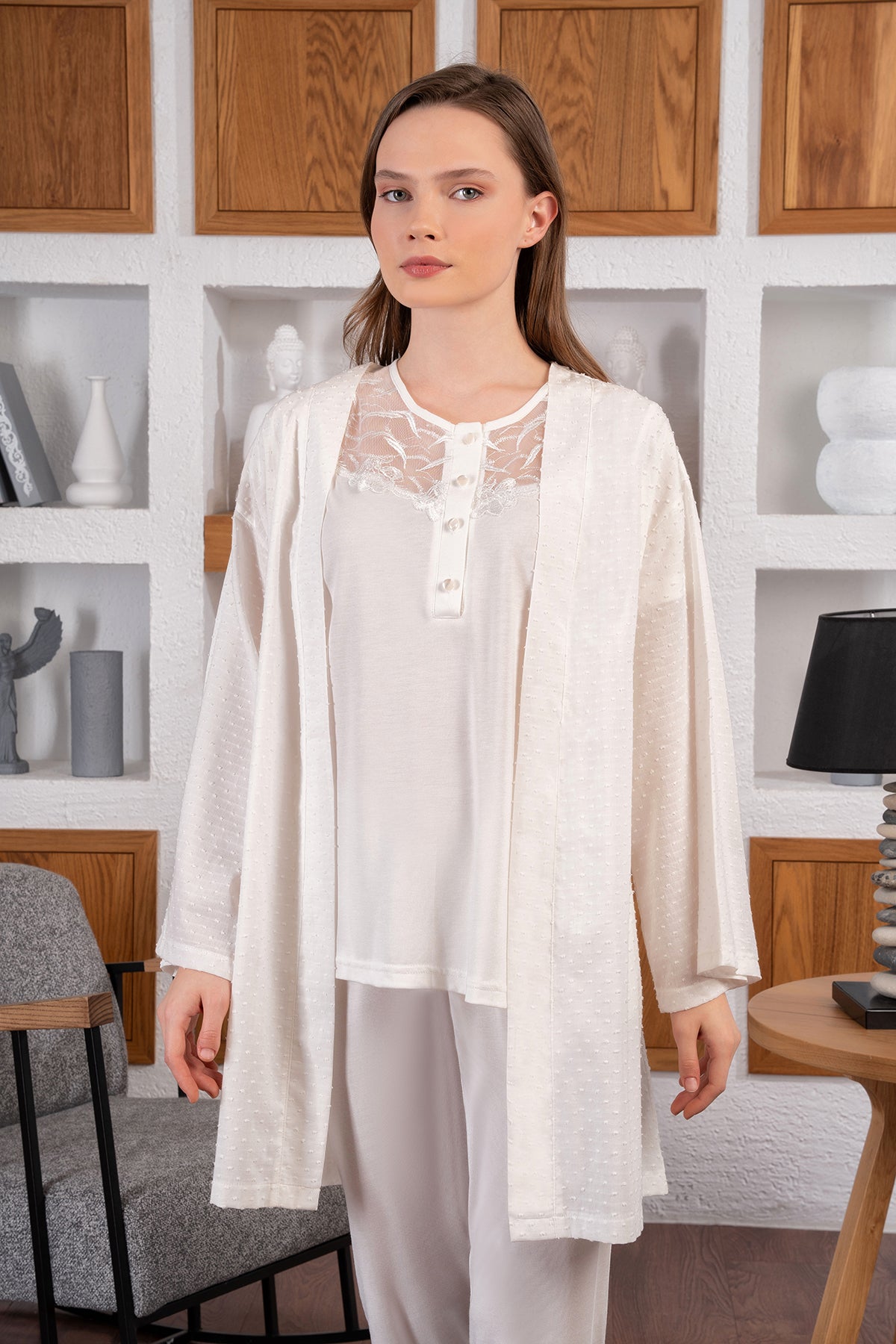 Shopymommy 24521 Tulle Lace Collar 3-Pieces Maternity & Nursing Pajamas With Robe Ecru