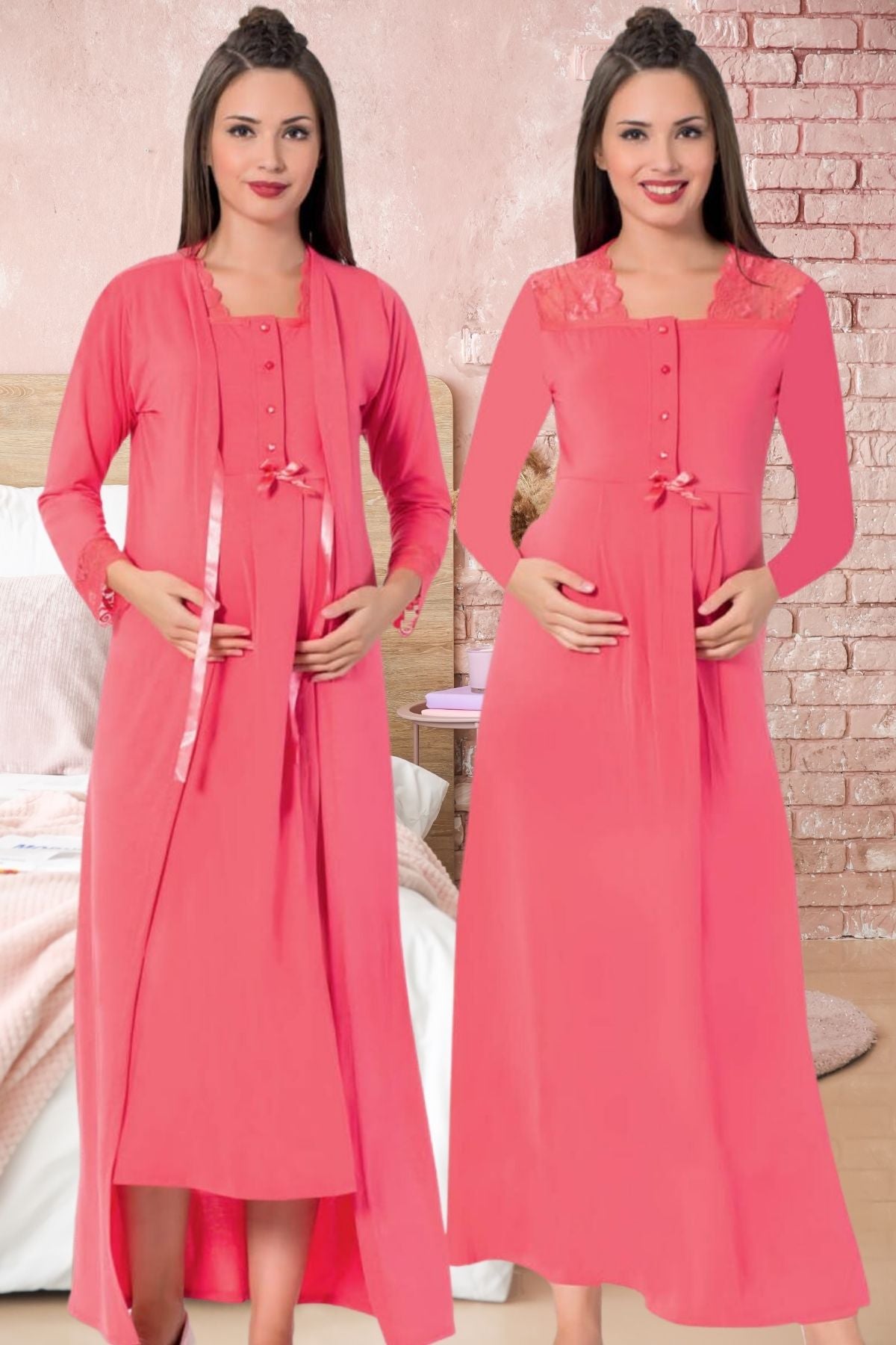 Shopymommy 26578 Lace Collar Maternity & Nursing Nightgown With Robe Pink