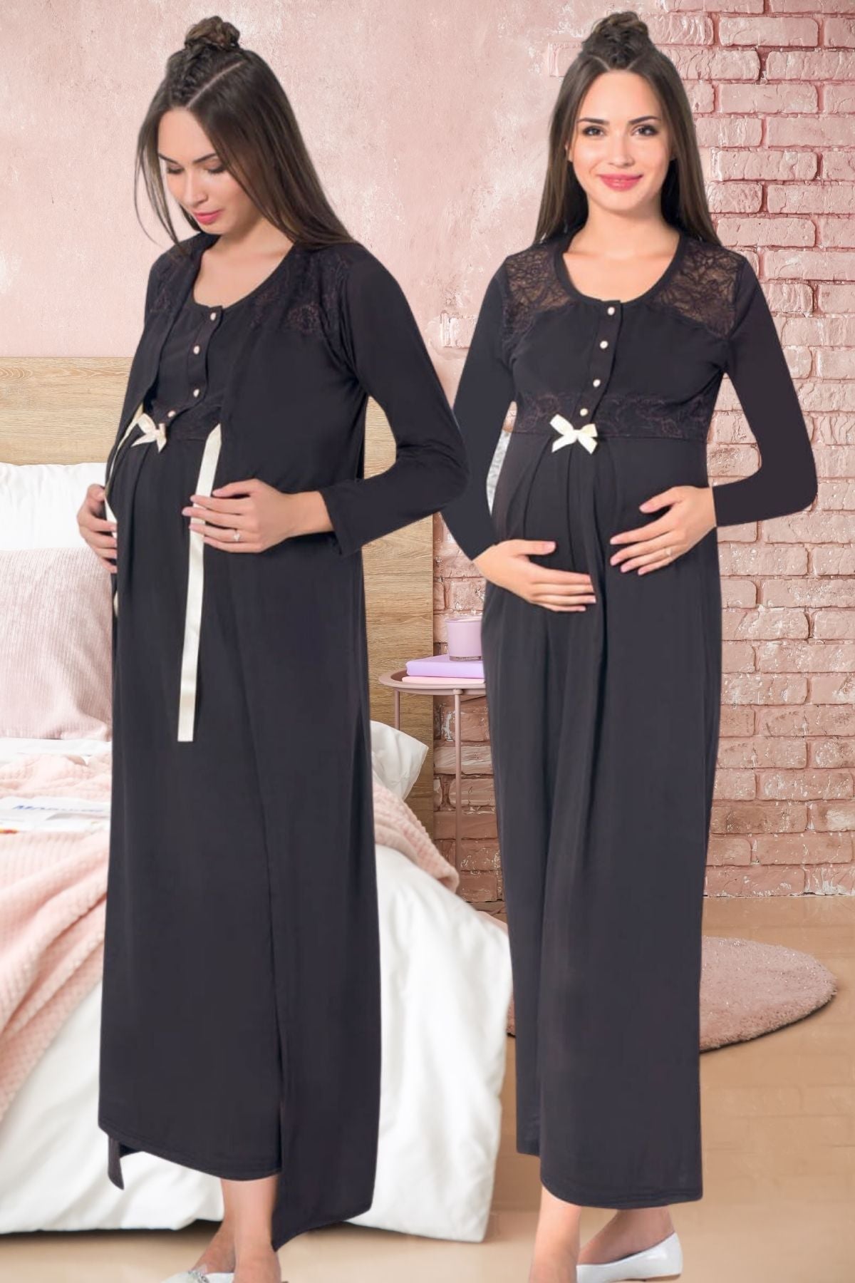 Shopymommy 26818 Lace Shoulder Maternity & Nursing Nightgown With Robe Black