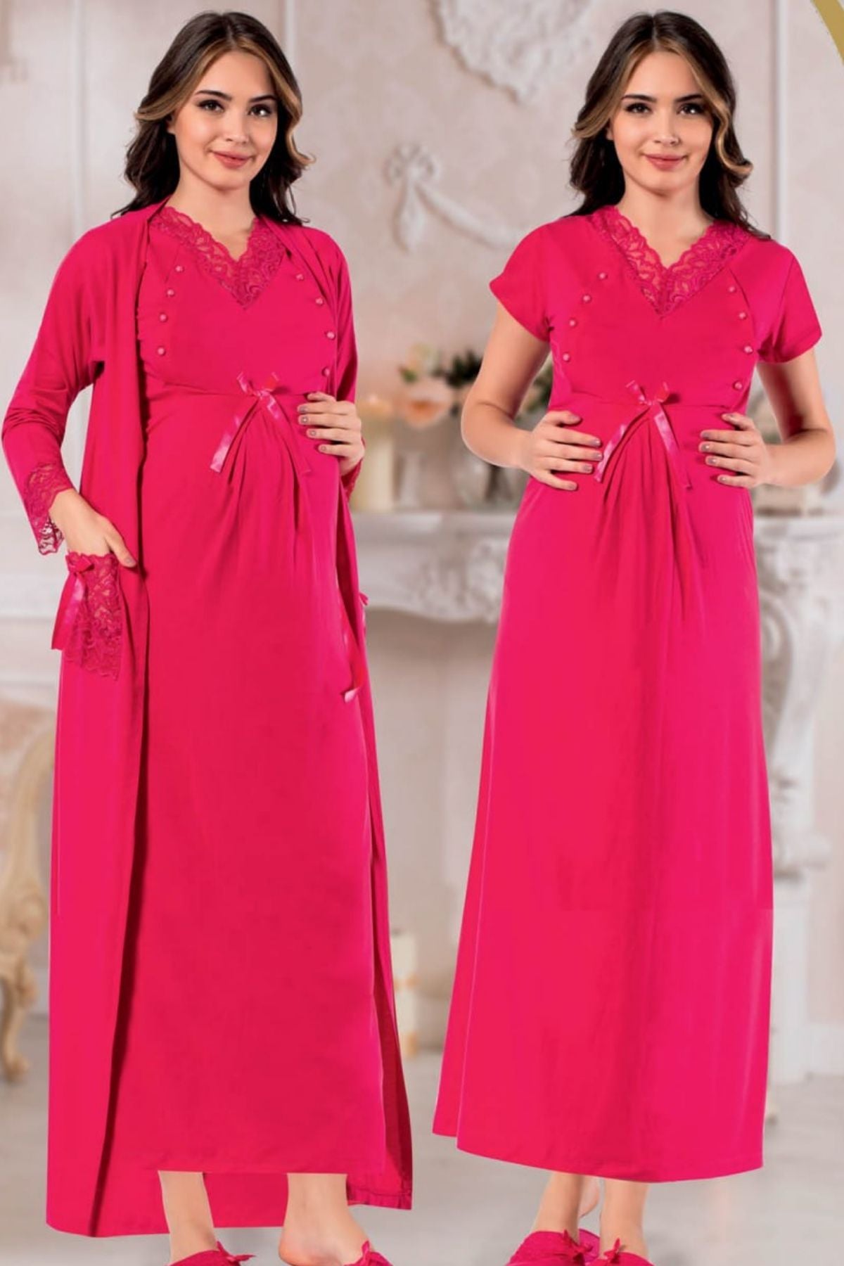 Shopymommy 27787 Lace V-Neck Maternity & Nursing Nightgown With Robe Fuchsia