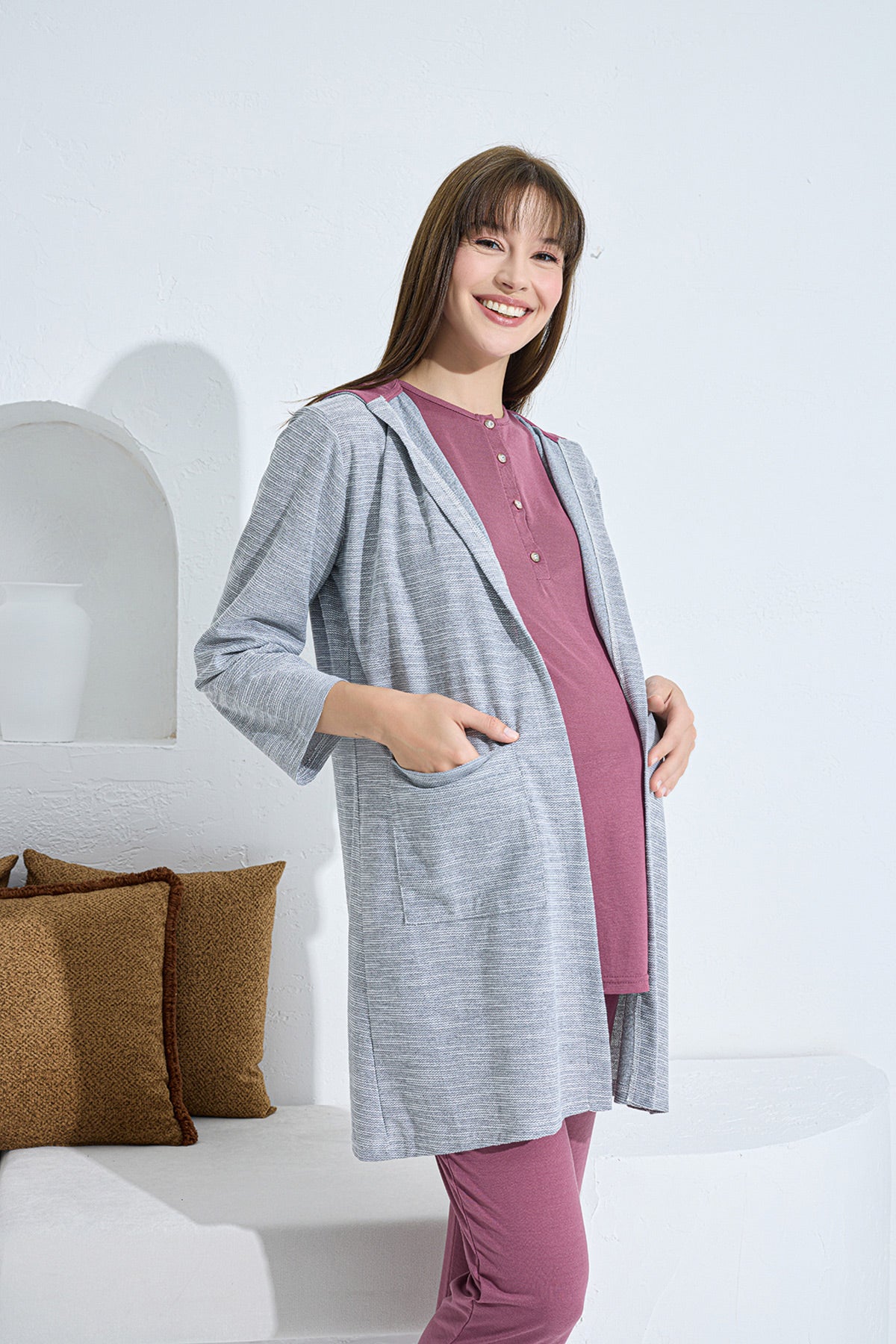 Shopymommy 3375 Hooded Melange 3-Pieces Maternity & Nursing Pajamas With Robe Cherry