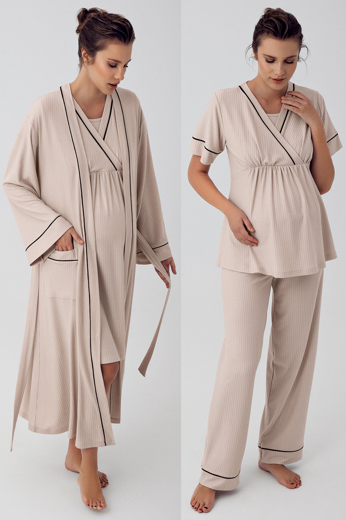 Shopymommy 402202 Double Breasted 4 Pieces Maternity & Nursing Set Beige